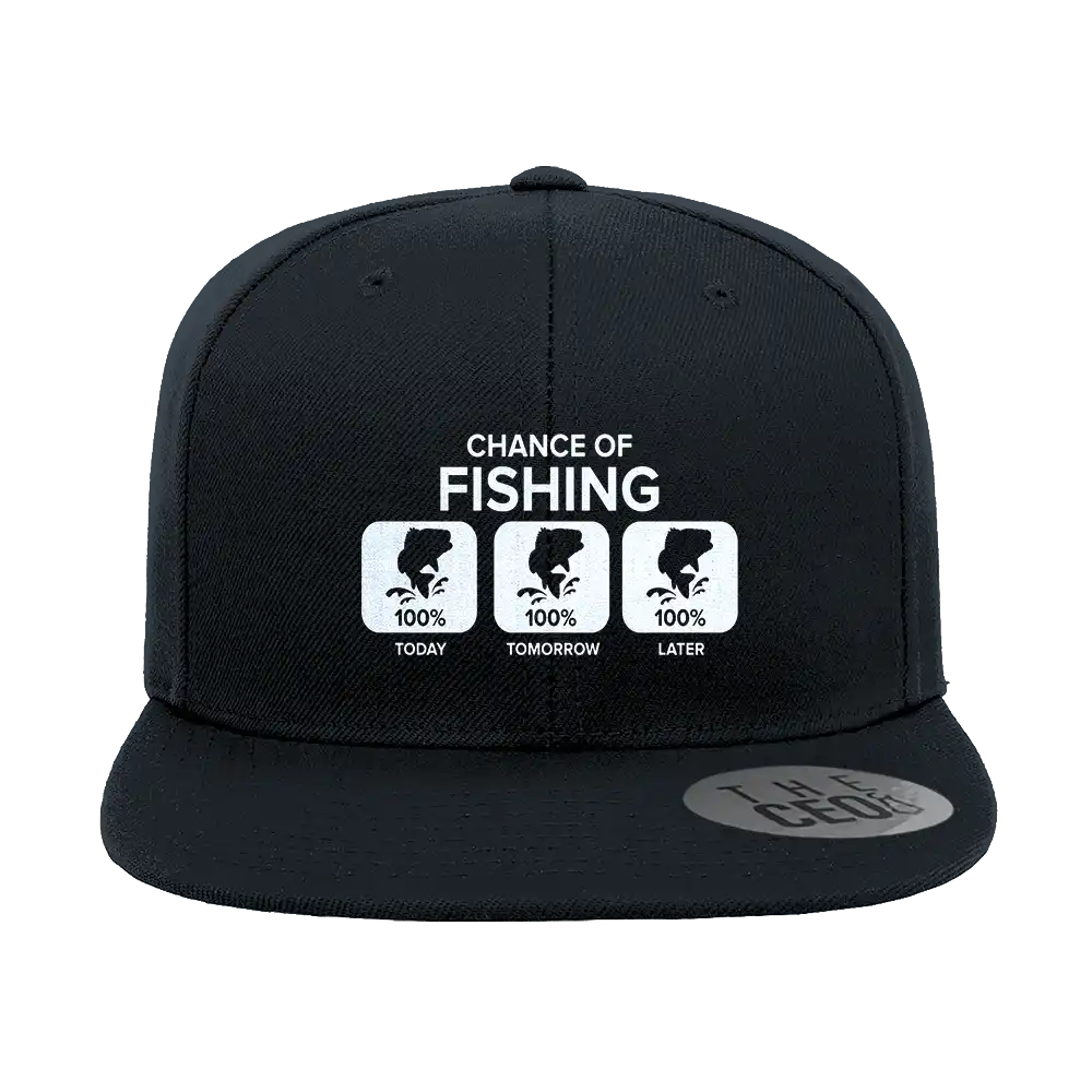 Chance of Fishing Embroidered Flat Bill Cap featuring a structured design, green under visor, and snapback closure.