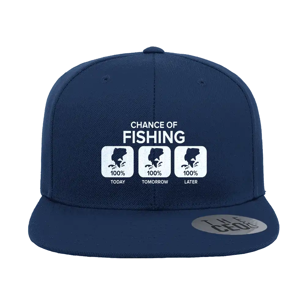 Chance of Fishing Embroidered Flat Bill Cap featuring a structured design, green under visor, and snapback closure.