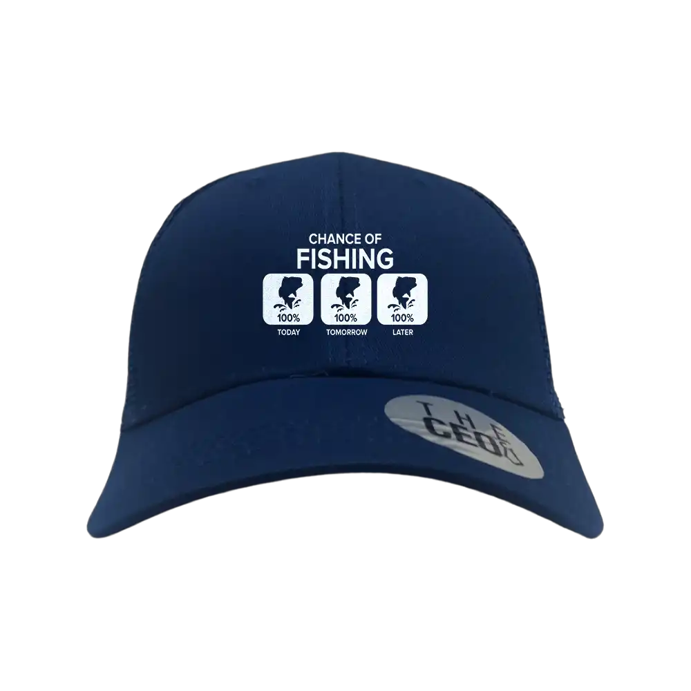 Chance of Fishing Embroidered Trucker Hat featuring a stylish fishing design, made from 100% cotton with a snapback closure.