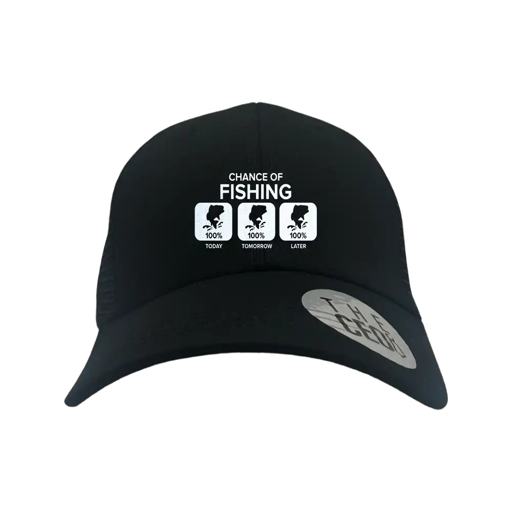 Chance of Fishing Embroidered Trucker Hat featuring a stylish fishing design, made from 100% cotton with a snapback closure.