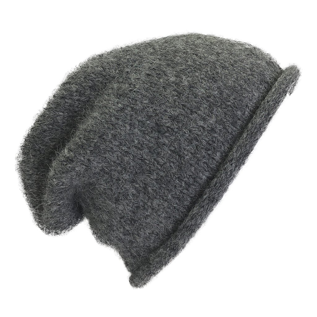 Charcoal Essential Knit Alpaca Beanie, handmade in Peru, showcasing its slouchy design and luxurious texture.