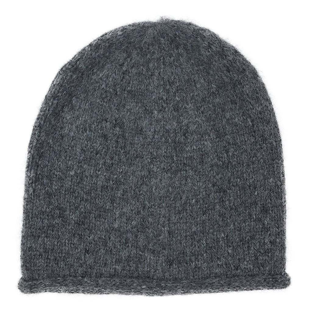 Charcoal Essential Knit Alpaca Beanie, handmade in Peru, showcasing its slouchy design and luxurious texture.