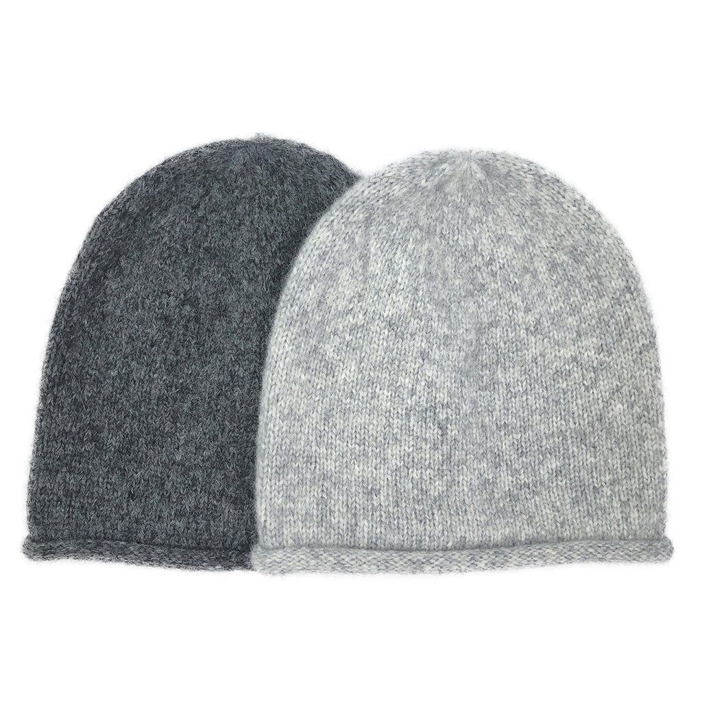 Charcoal Essential Knit Alpaca Beanie, handmade in Peru, showcasing its slouchy design and luxurious texture.