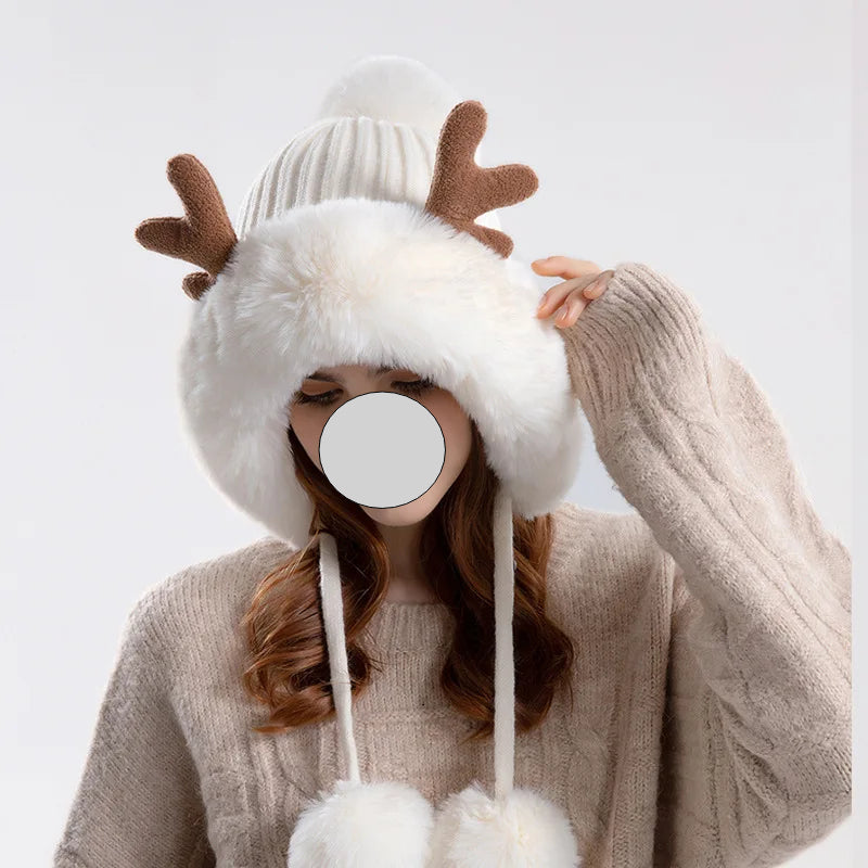 A stylish Christmas Deer Horn Knitted Hat for women, featuring a unique deer horn design, available in various colors for winter outdoor activities.