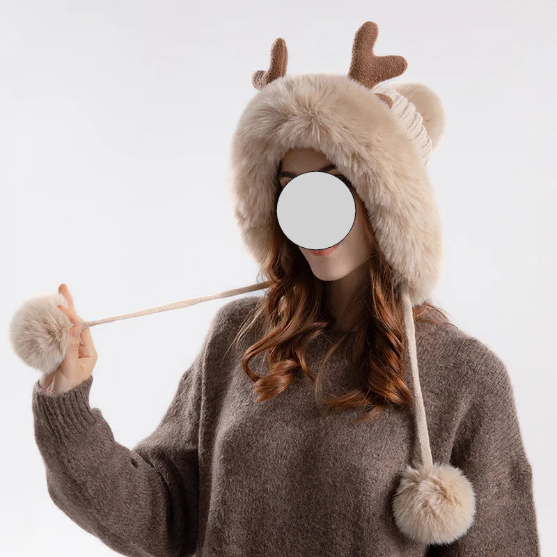 A stylish Christmas Deer Horn Knitted Hat for women, featuring a unique deer horn design, available in various colors for winter outdoor activities.