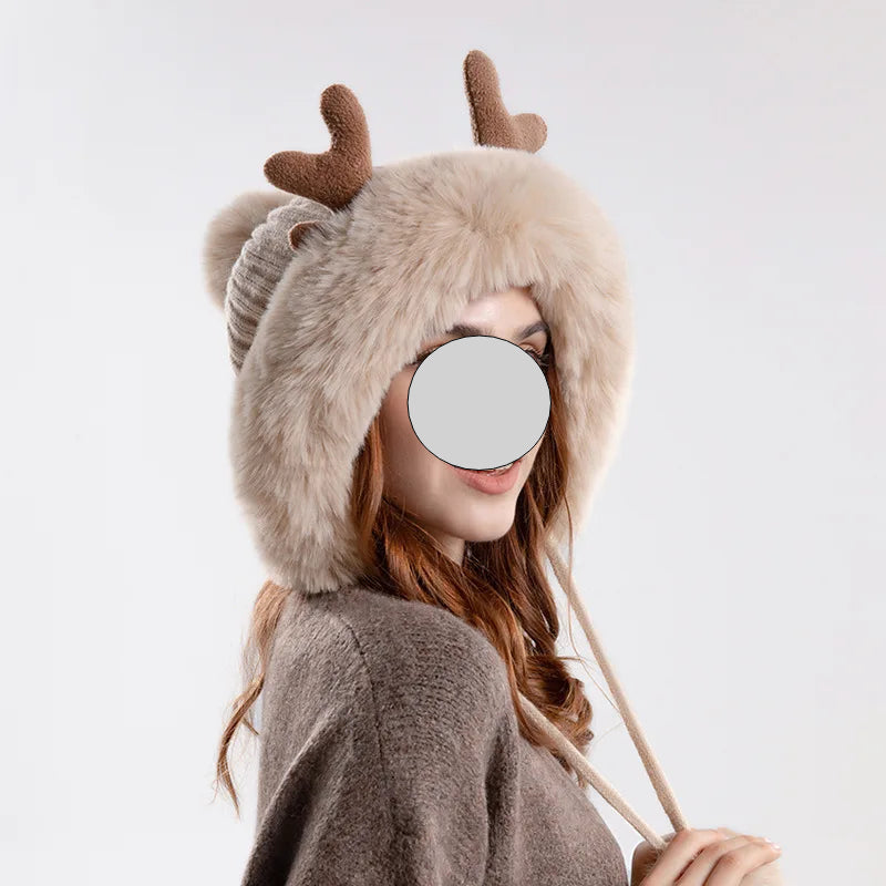 A stylish Christmas Deer Horn Knitted Hat for women, featuring a unique deer horn design, available in various colors for winter outdoor activities.