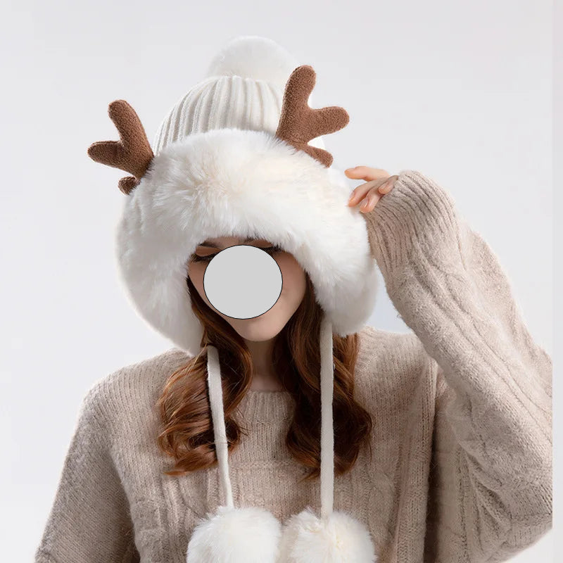 A stylish Christmas Deer Horn Knitted Hat for women, featuring a unique deer horn design, available in various colors for winter outdoor activities.