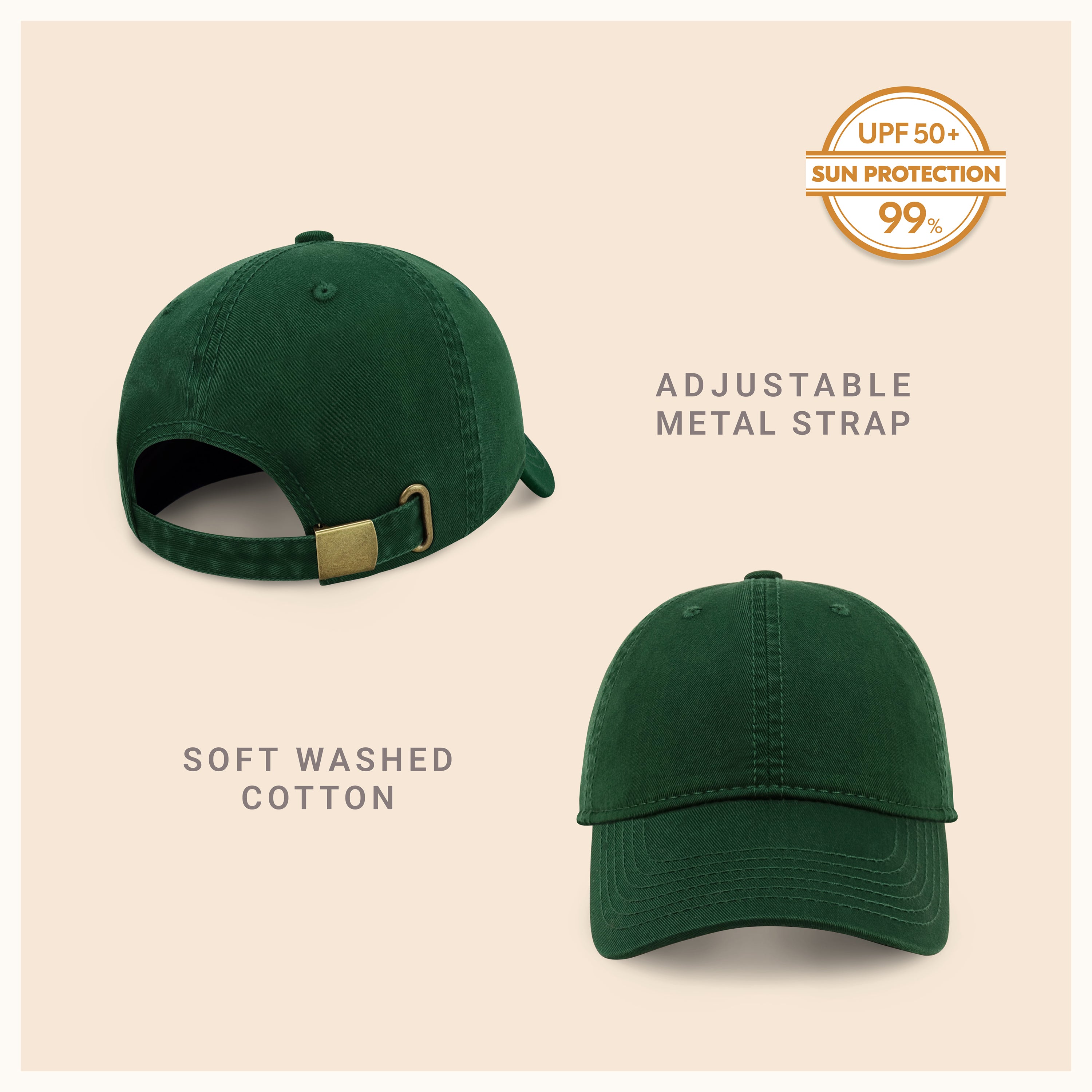 Classic Everyday Baseball Cap in various colors with a curved bill and adjustable back buckle.