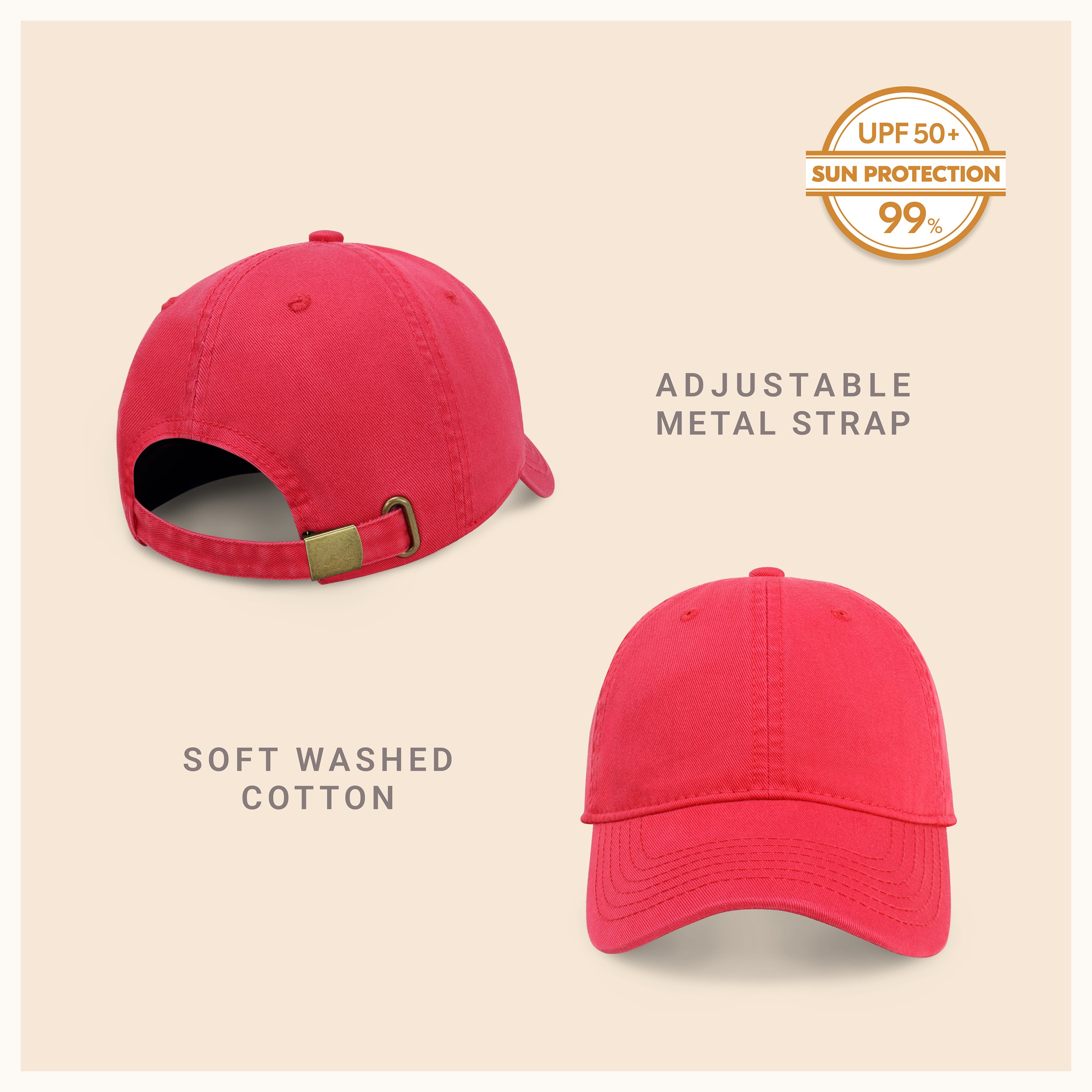 Classic Everyday Baseball Cap in various colors with a curved bill and adjustable back buckle.