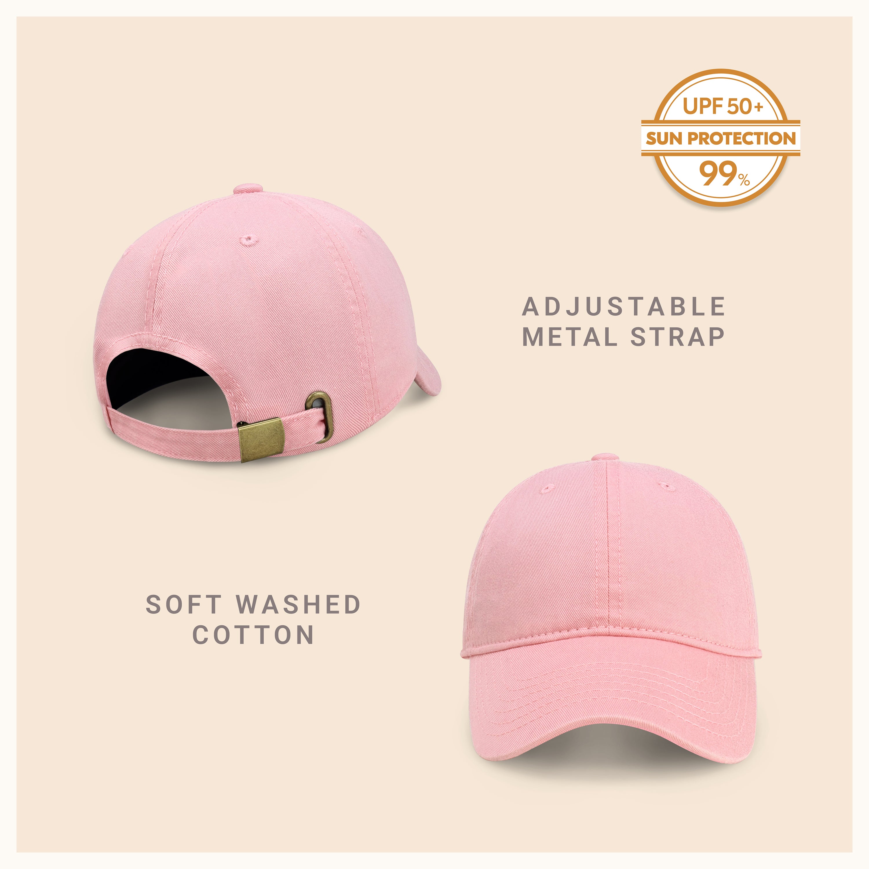 Classic Everyday Baseball Cap in various colors with a curved bill and adjustable back buckle.