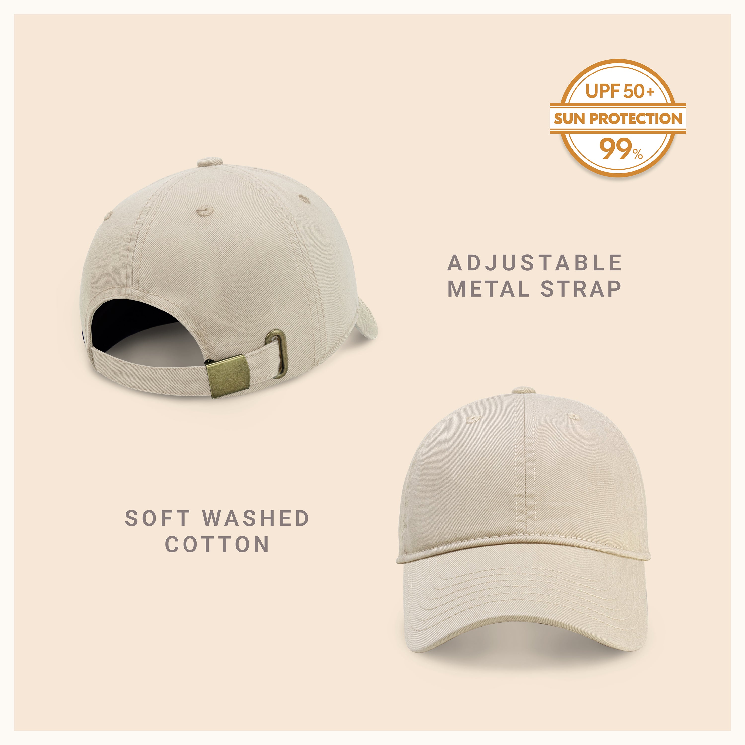 Classic Everyday Baseball Cap in various colors with a curved bill and adjustable back buckle.