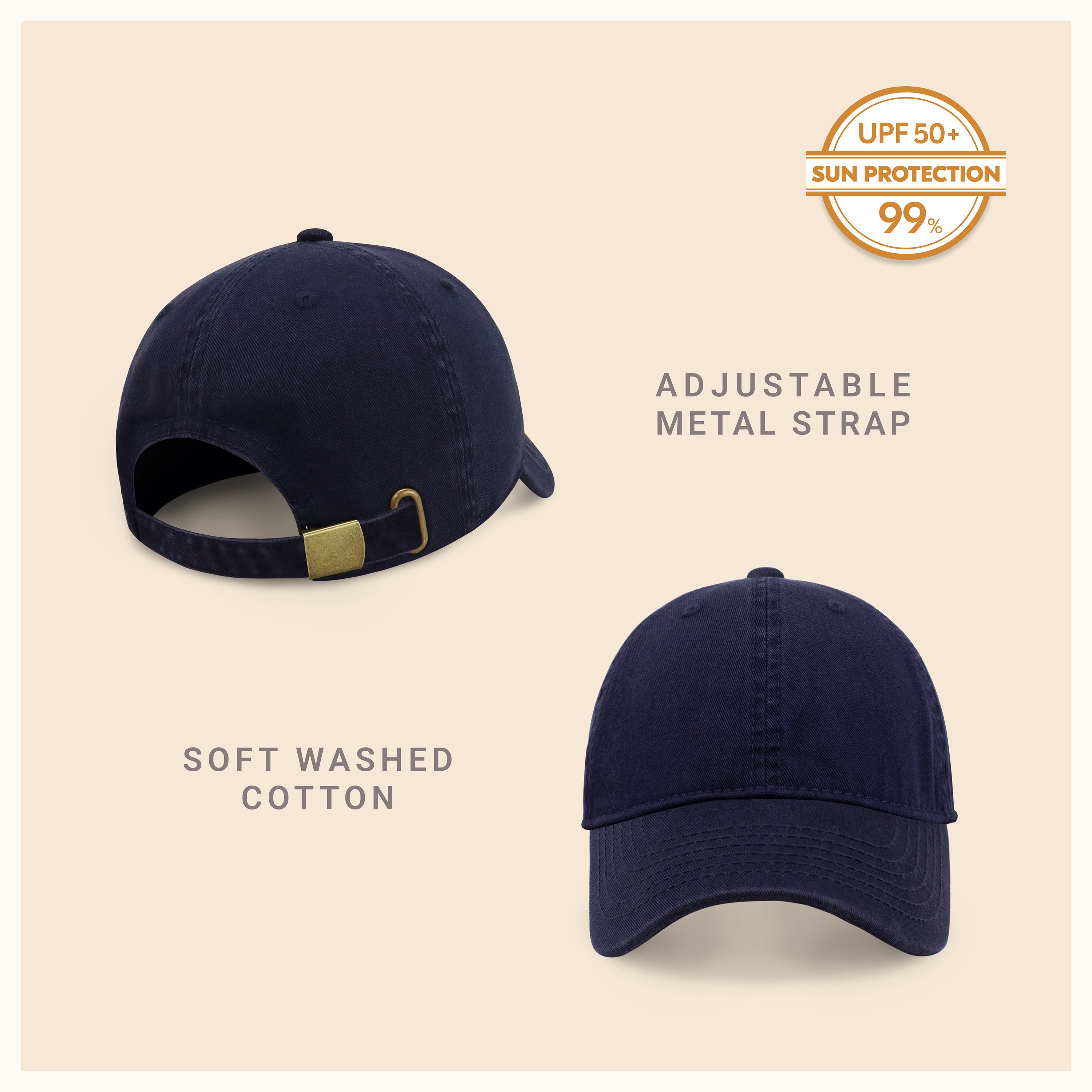 Classic Everyday Baseball Cap in various colors with a curved bill and adjustable back buckle.