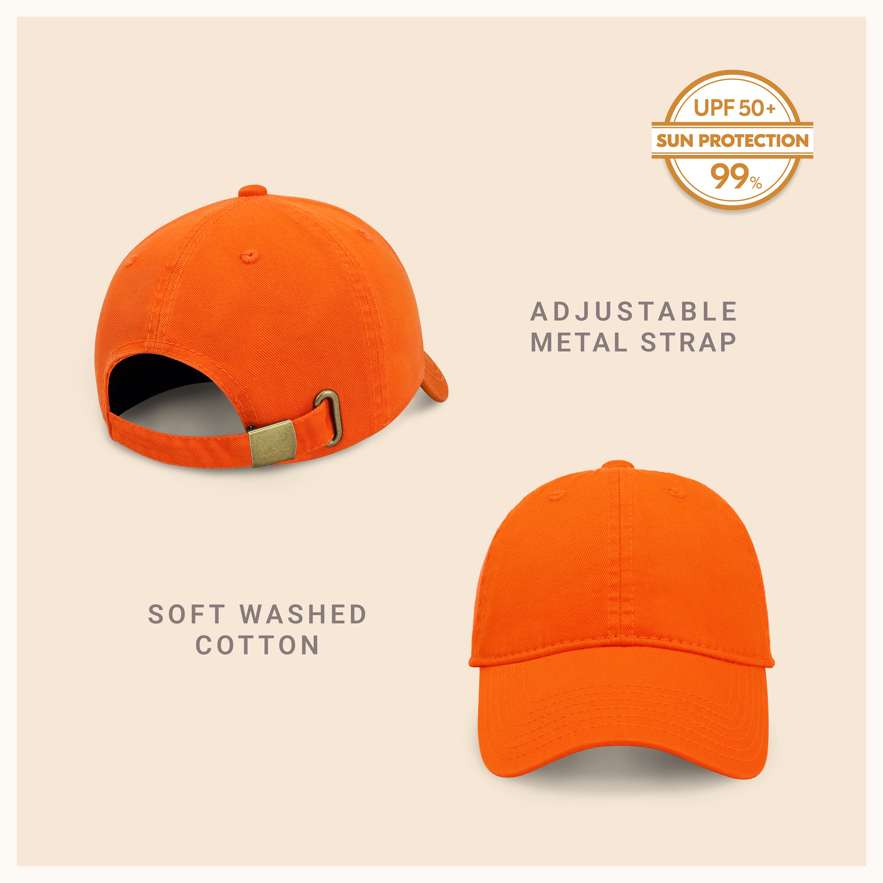 Classic Everyday Baseball Cap in various colors with a curved bill and adjustable back buckle.