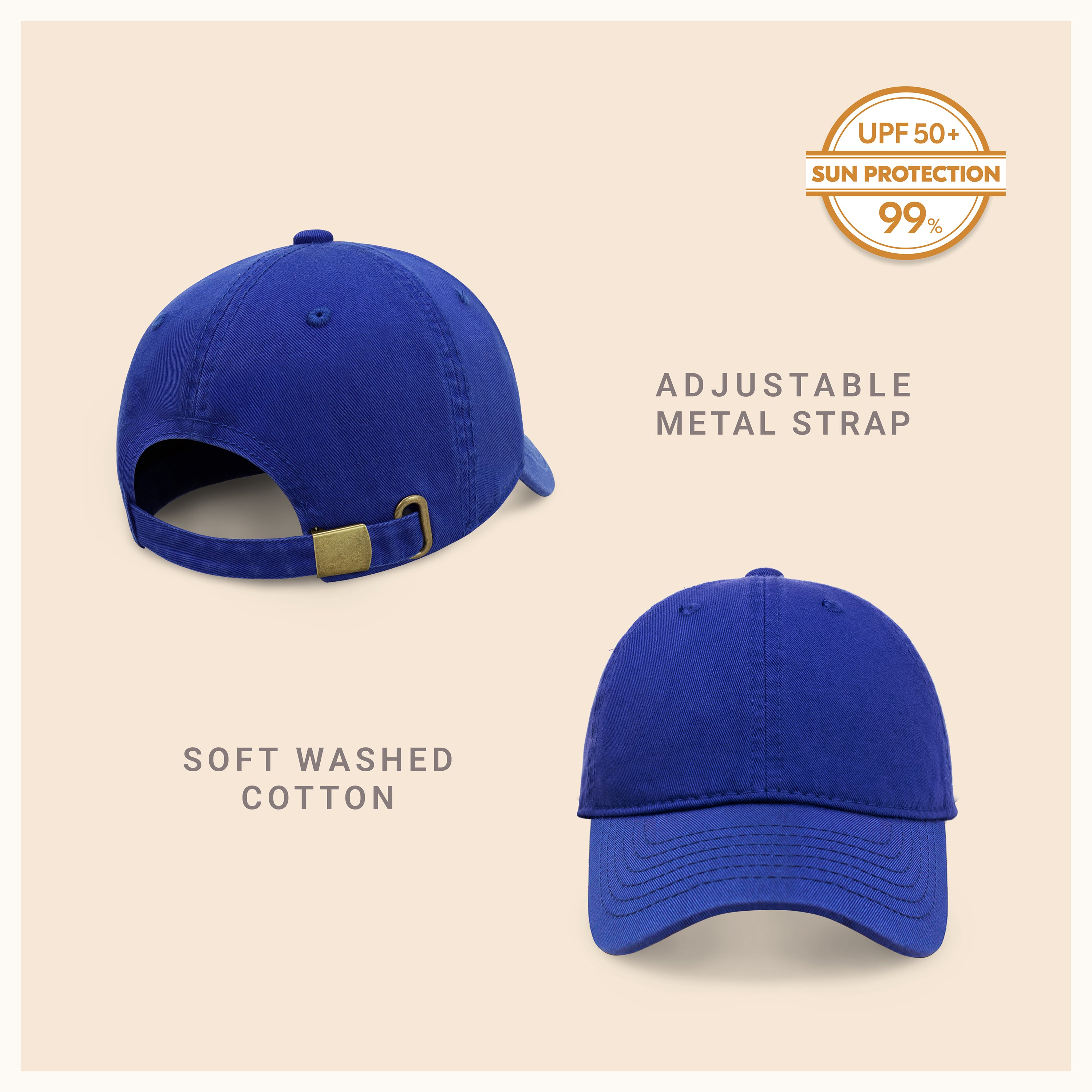 Classic Everyday Baseball Cap in various colors with a curved bill and adjustable back buckle.