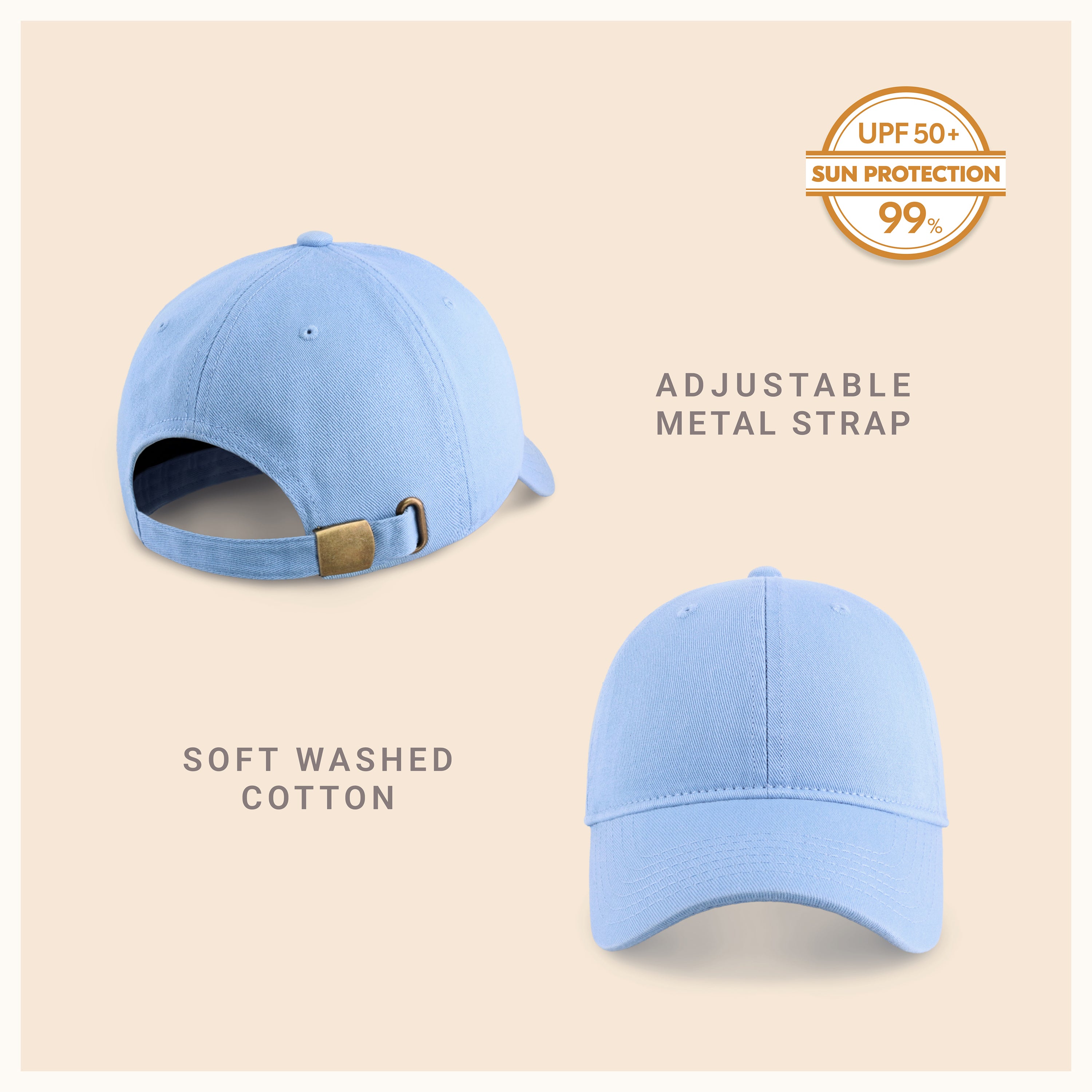 Classic Everyday Baseball Cap in various colors with a curved bill and adjustable back buckle.