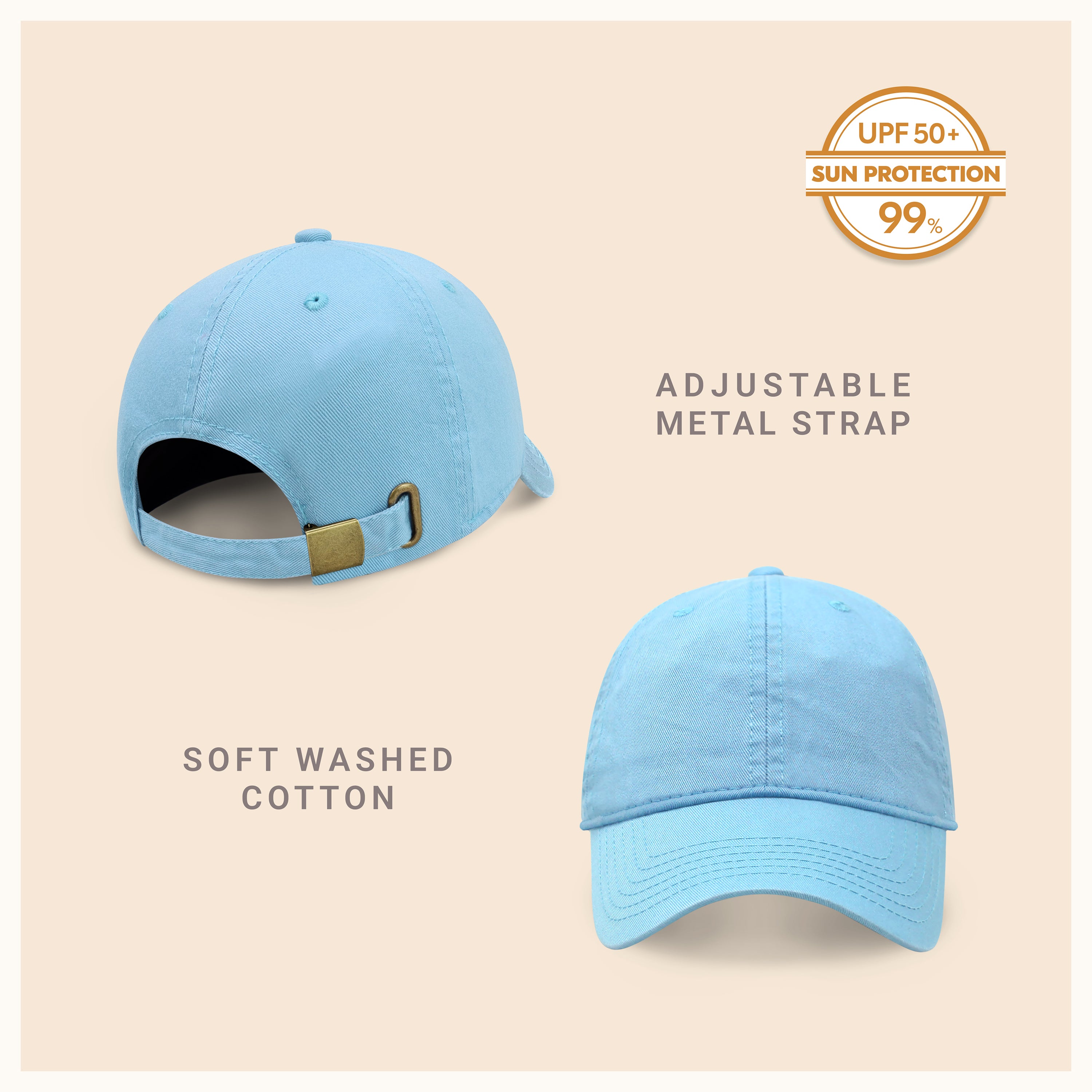 Classic Everyday Baseball Cap in various colors with a curved bill and adjustable back buckle.