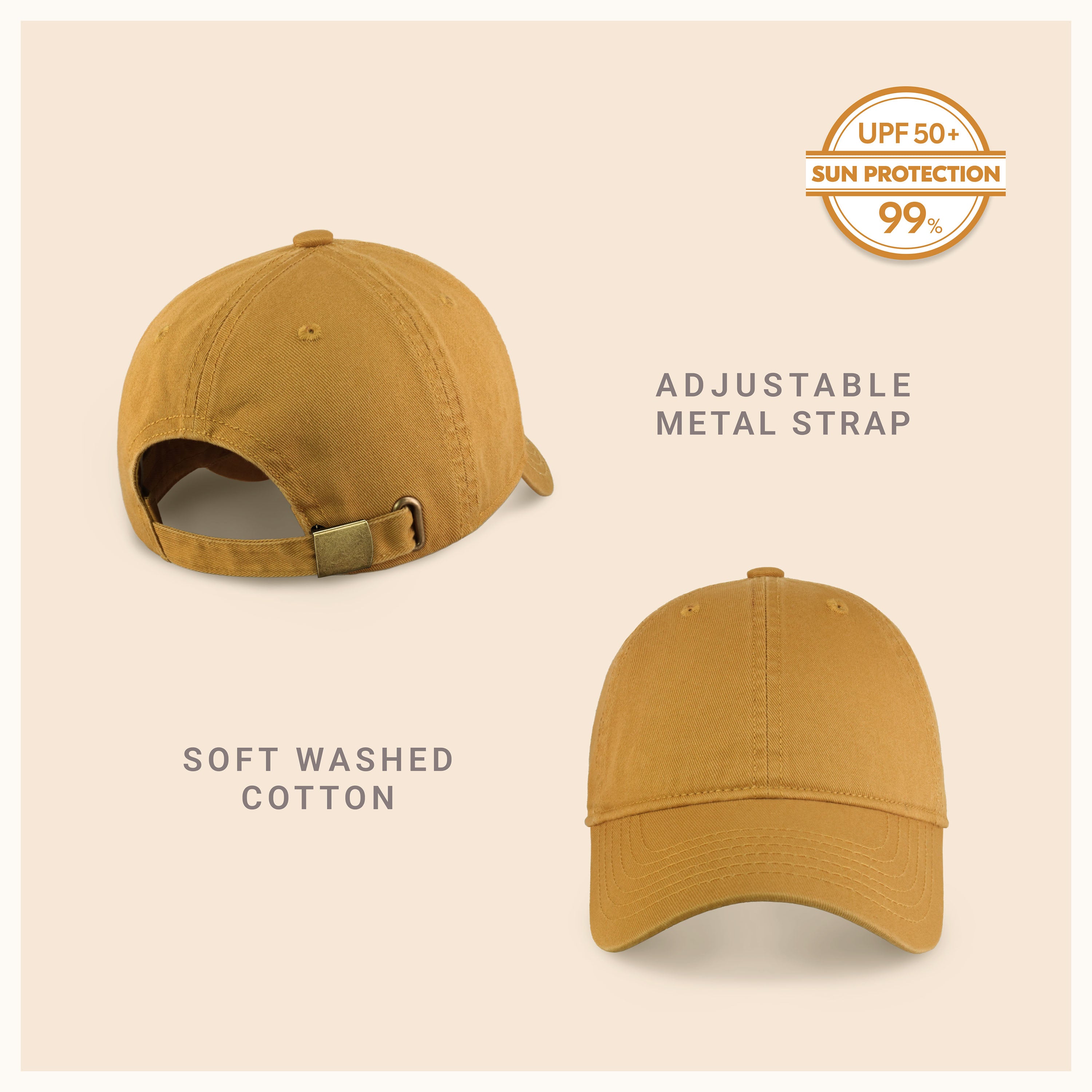 Classic Everyday Baseball Cap in various colors with a curved bill and adjustable back buckle.