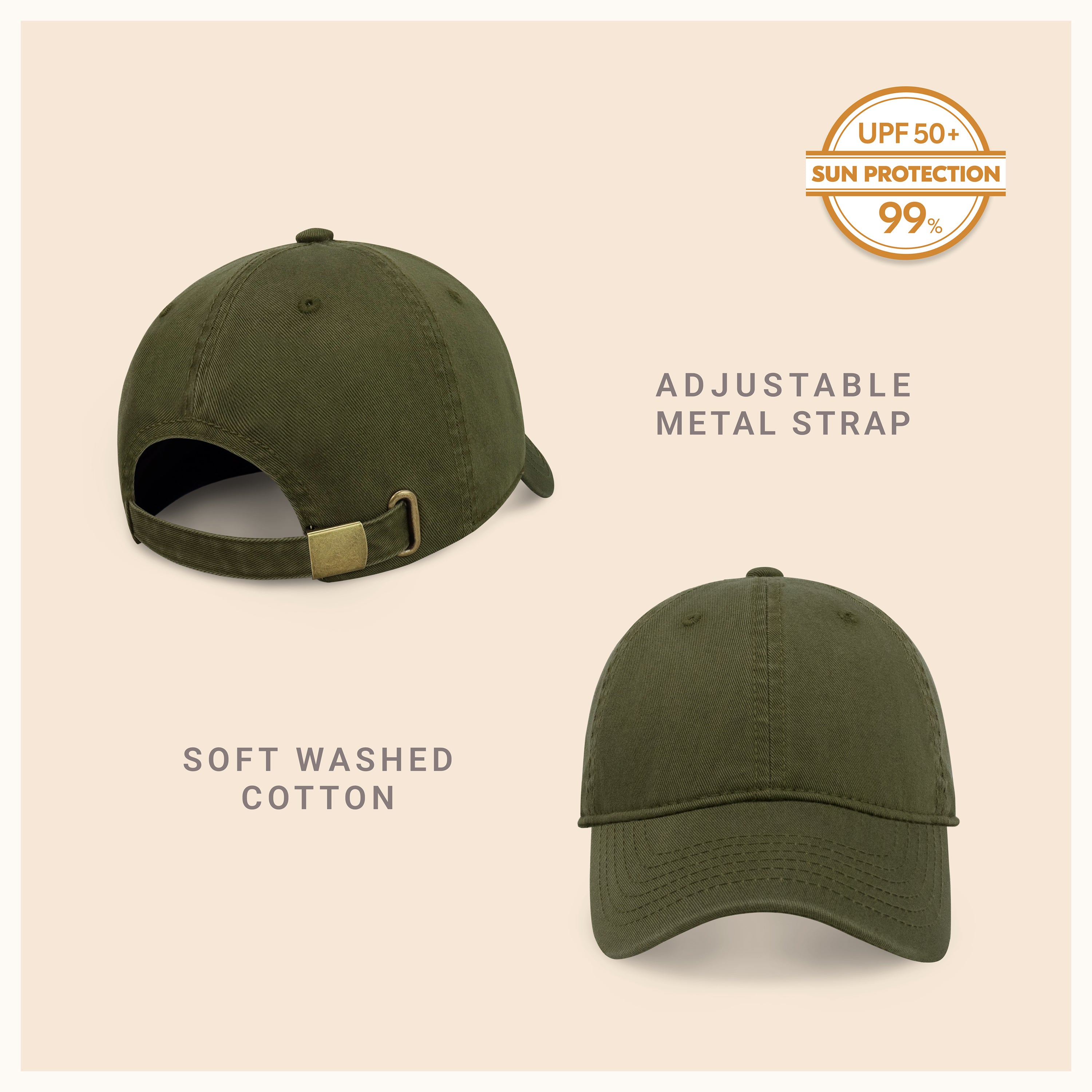 Classic Everyday Baseball Cap in various colors with a curved bill and adjustable back buckle.