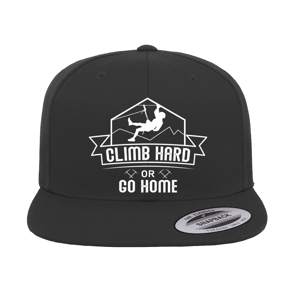 Climb Hard Or Go Home Embroidered Flat Bill Cap featuring a structured design, green under visor, and snapback closure.