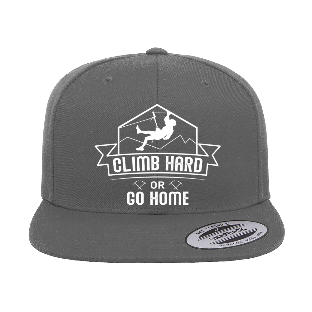 Climb Hard Or Go Home Embroidered Flat Bill Cap featuring a structured design, green under visor, and snapback closure.