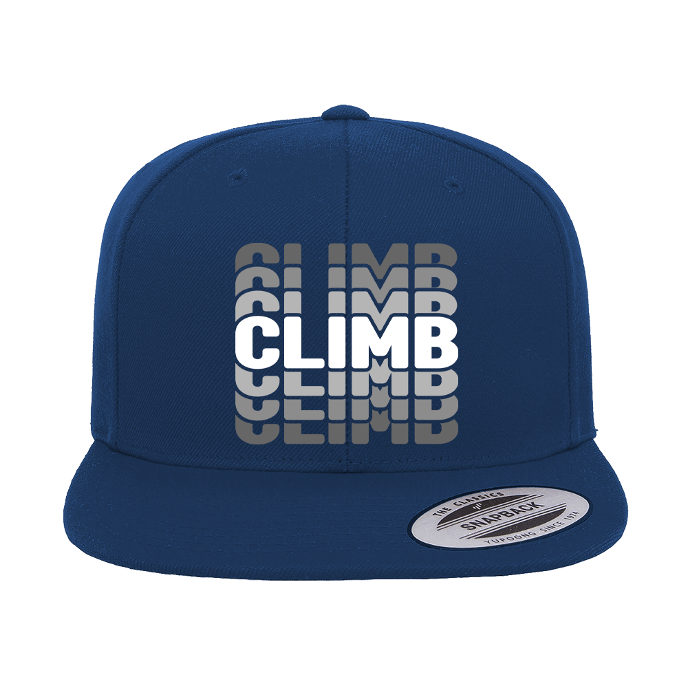 Climmmmmb Printed Flat Bill Cap featuring a structured design, green under visor, and snapback closure, perfect for stylish casual wear.