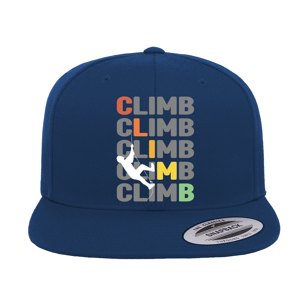 Climbbbbb Printed Flat Bill Cap featuring a structured design, green under visor, and snapback closure, perfect for stylish comfort.