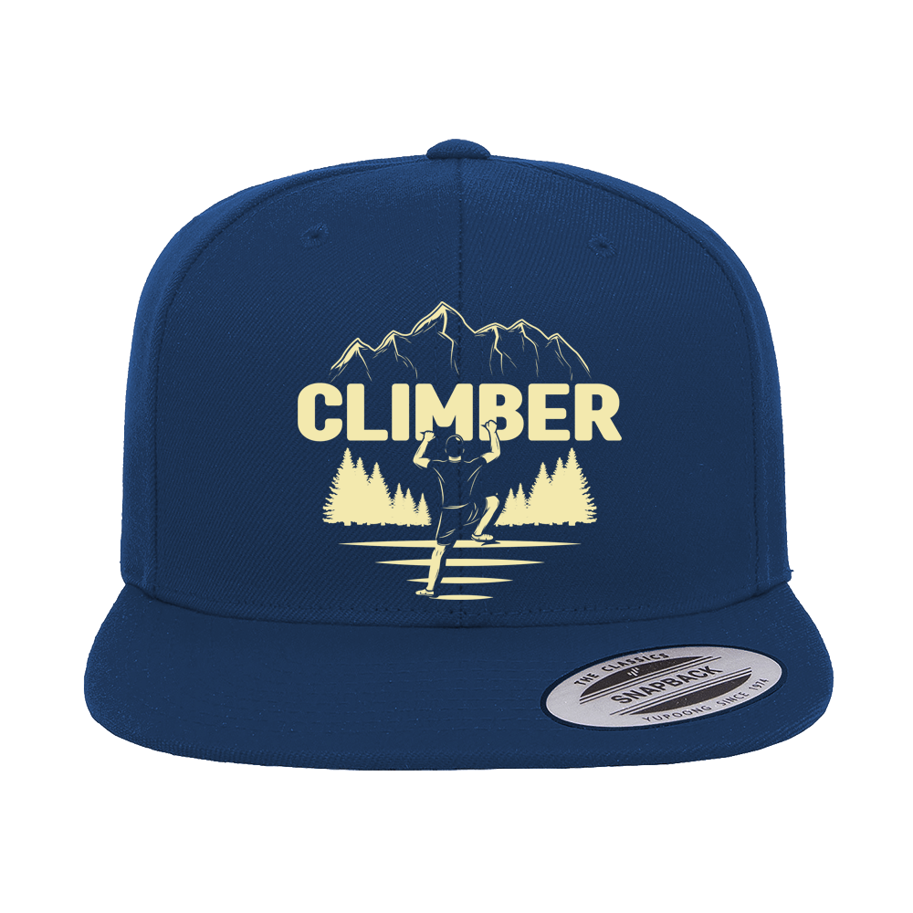 Climber Embroidered Flat Bill Cap showcasing a structured design with a green under visor and snapback closure.