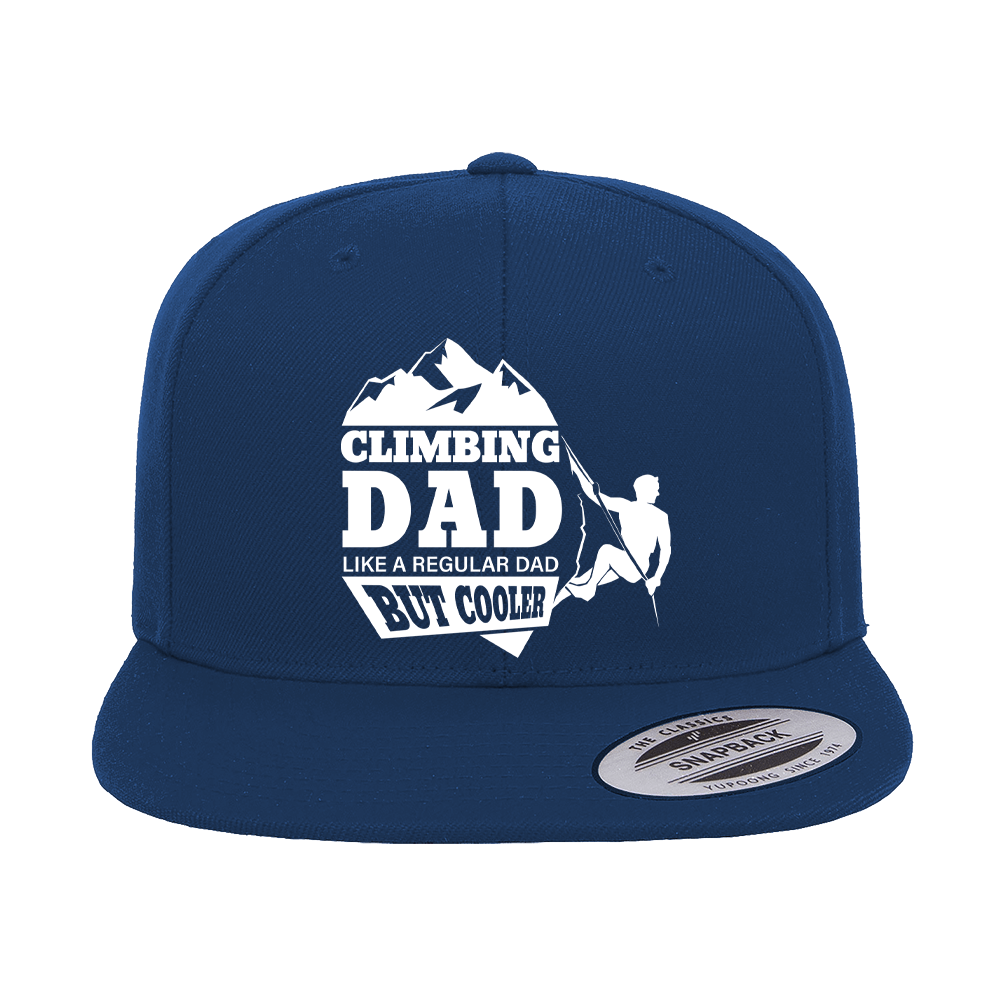 Climbing Dad Embroidered Flat Bill Cap featuring a structured design, green under visor, and snapback closure, perfect for outdoor enthusiasts.