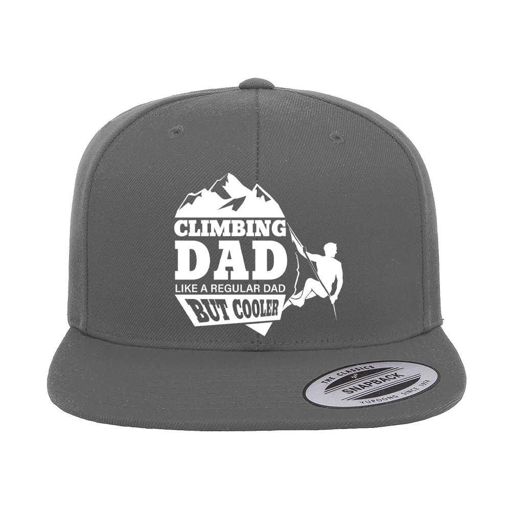 Climbing Dad Embroidered Flat Bill Cap featuring a structured design, green under visor, and snapback closure, perfect for outdoor enthusiasts.