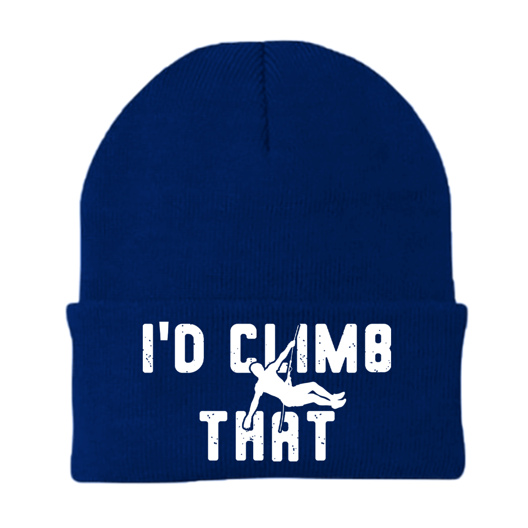 Climbing I'd Climb That Embroidered Beanie showcasing its unique design and comfortable fit, perfect for outdoor adventures.