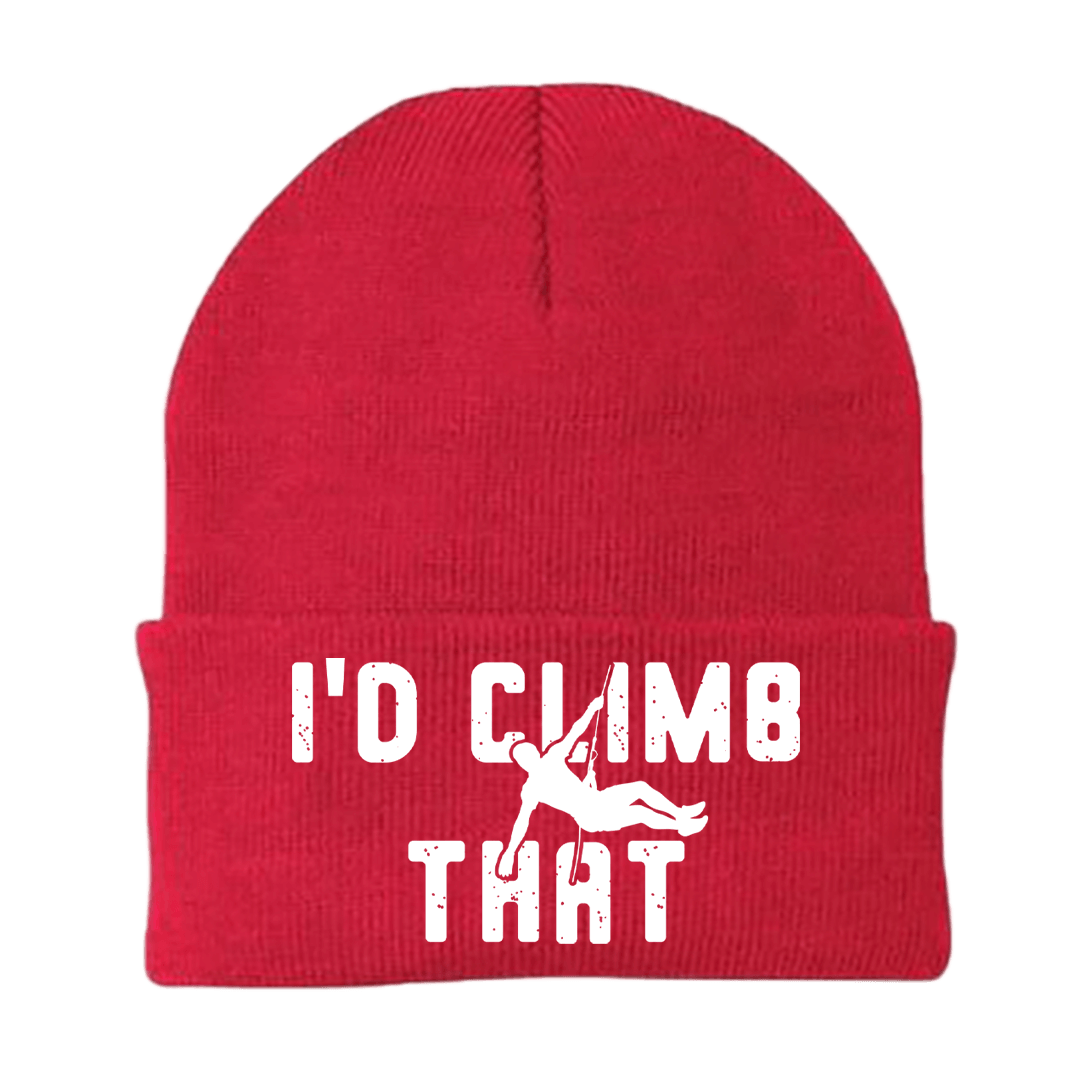 Climbing I'd Climb That Embroidered Beanie showcasing its unique design and comfortable fit, perfect for outdoor adventures.