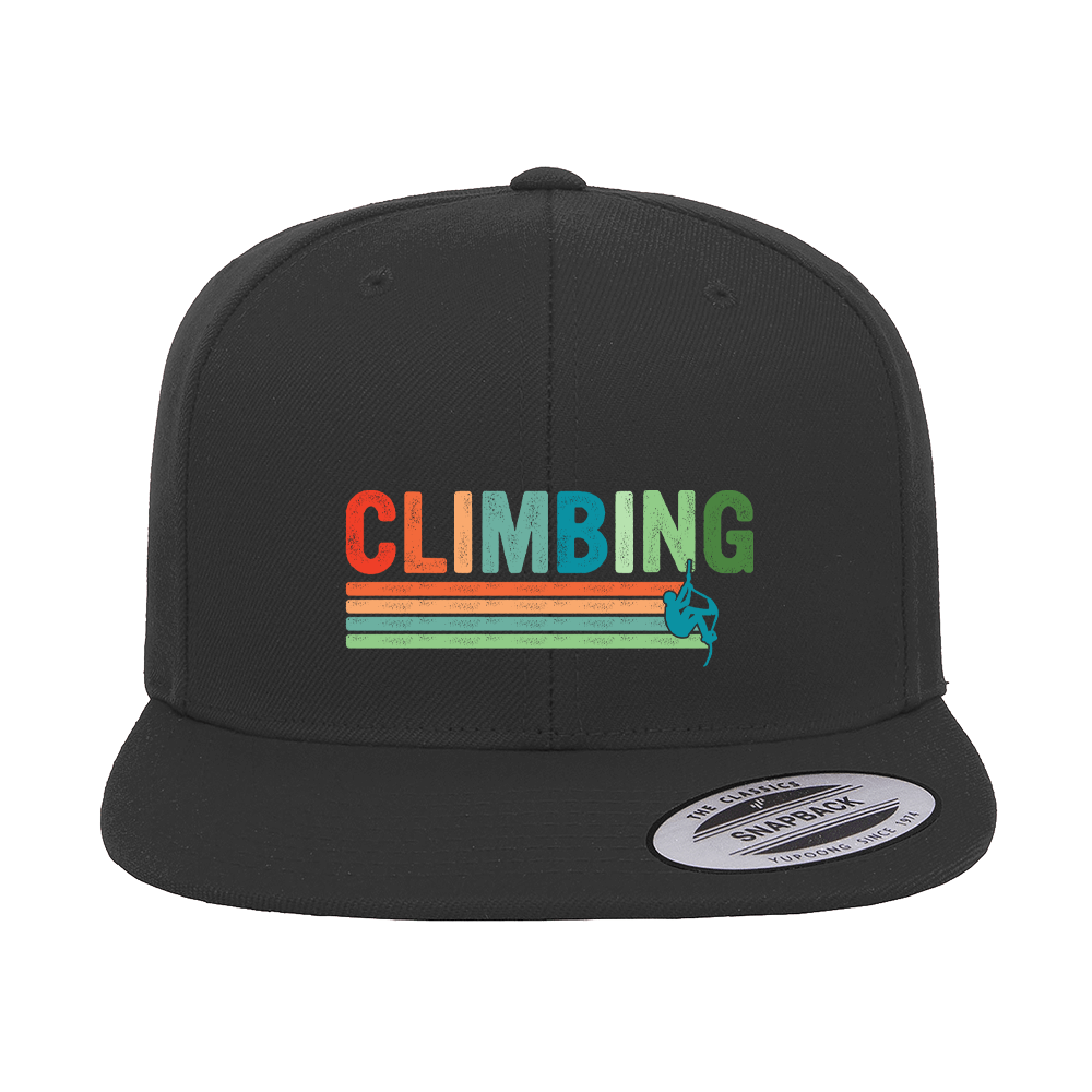 Climbing Printed Flat Bill Cap featuring a unique climbing design, structured five-panel style, and adjustable snapback closure.