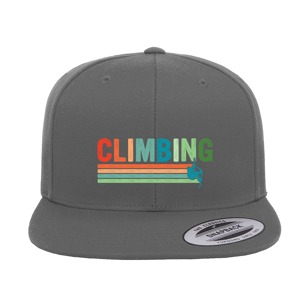 Climbing Printed Flat Bill Cap featuring a unique climbing design, structured five-panel style, and adjustable snapback closure.