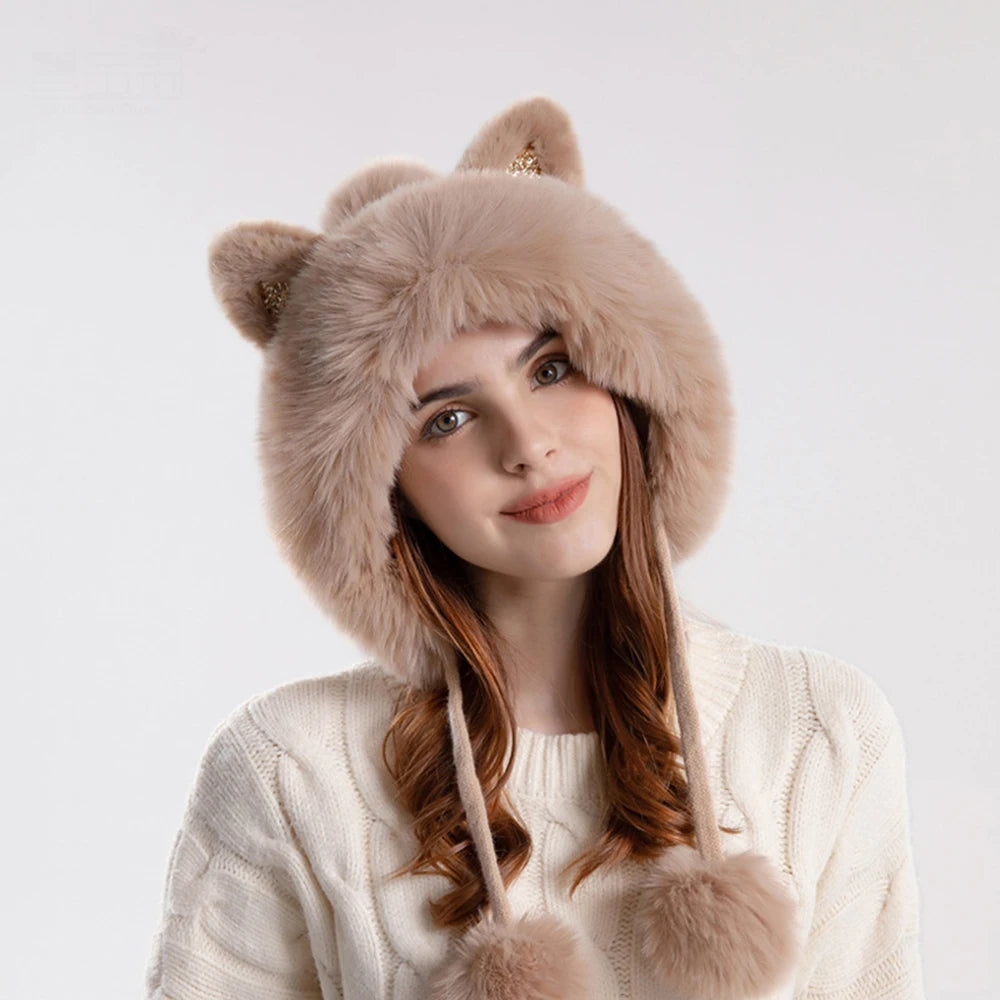 Cute Cat Ears Winter Hat with fluffy lining, designed for warmth and windproof protection, featuring playful cat ears.