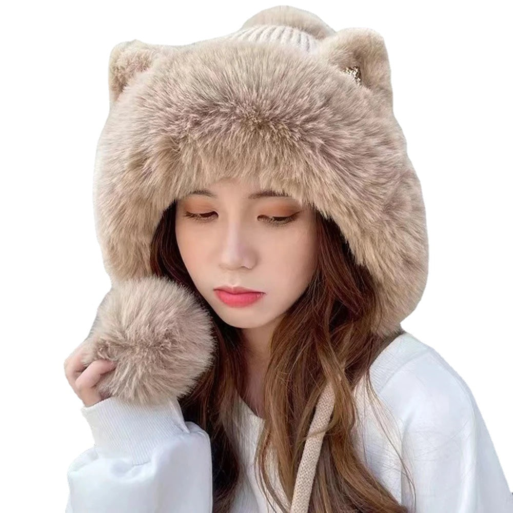 Cute Cat Ears Winter Hat with fluffy lining, designed for warmth and windproof protection, featuring playful cat ears.