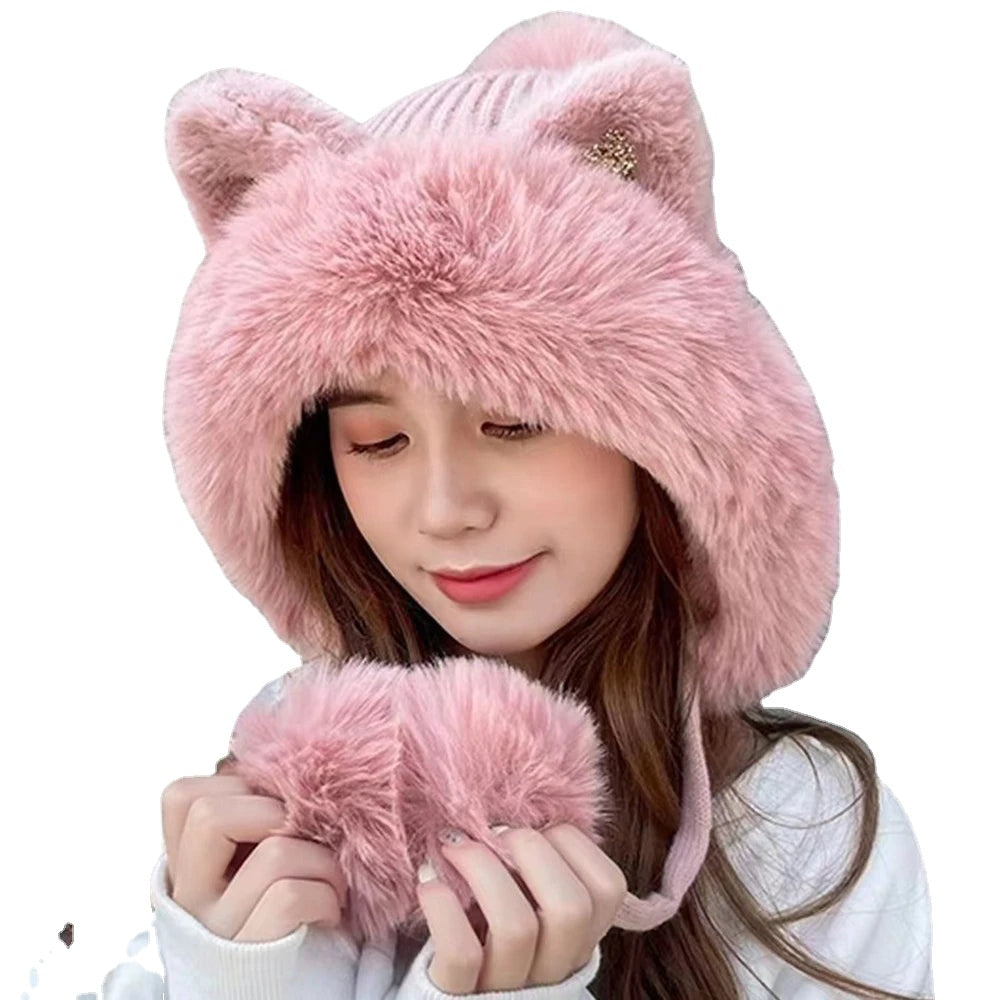 Cute Cat Ears Winter Hat with fluffy lining, designed for warmth and windproof protection, featuring playful cat ears.