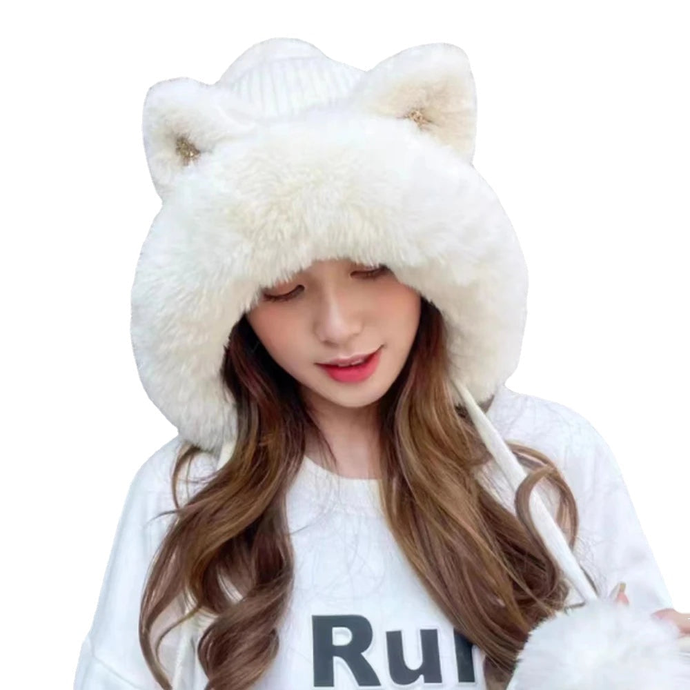 Cute Cat Ears Winter Hat with fluffy lining, designed for warmth and windproof protection, featuring playful cat ears.