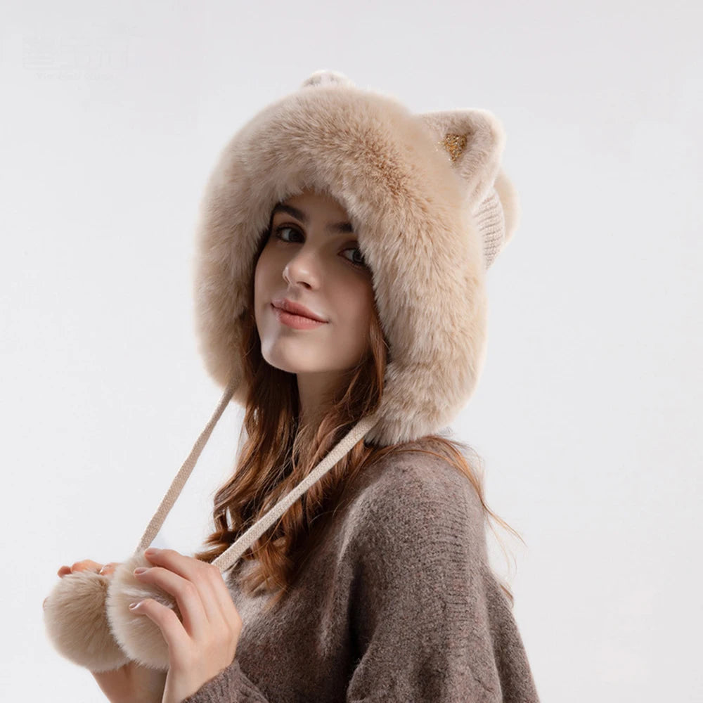 Cute Cat Ears Winter Hat with fluffy lining, designed for warmth and windproof protection, featuring playful cat ears.