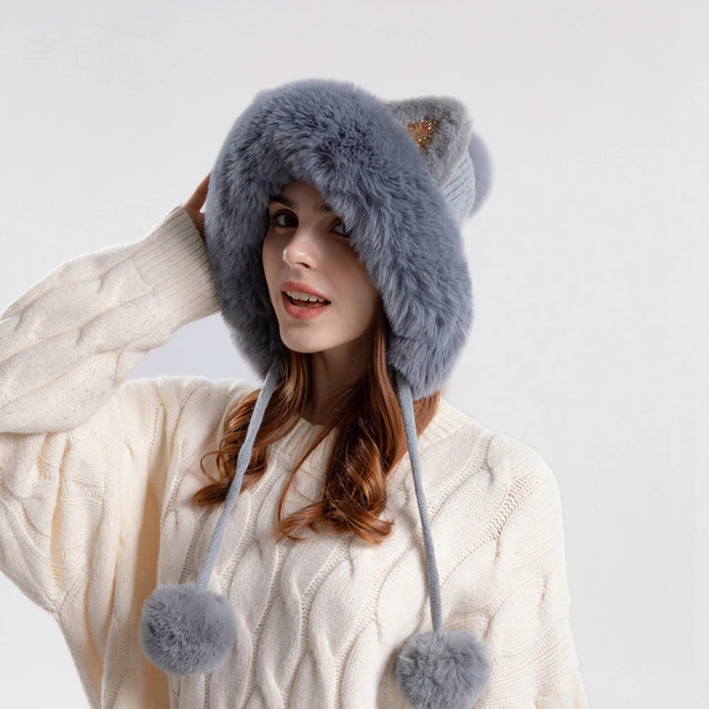 Cute Cat Ears Winter Hat with fluffy lining, designed for warmth and windproof protection, featuring playful cat ears.