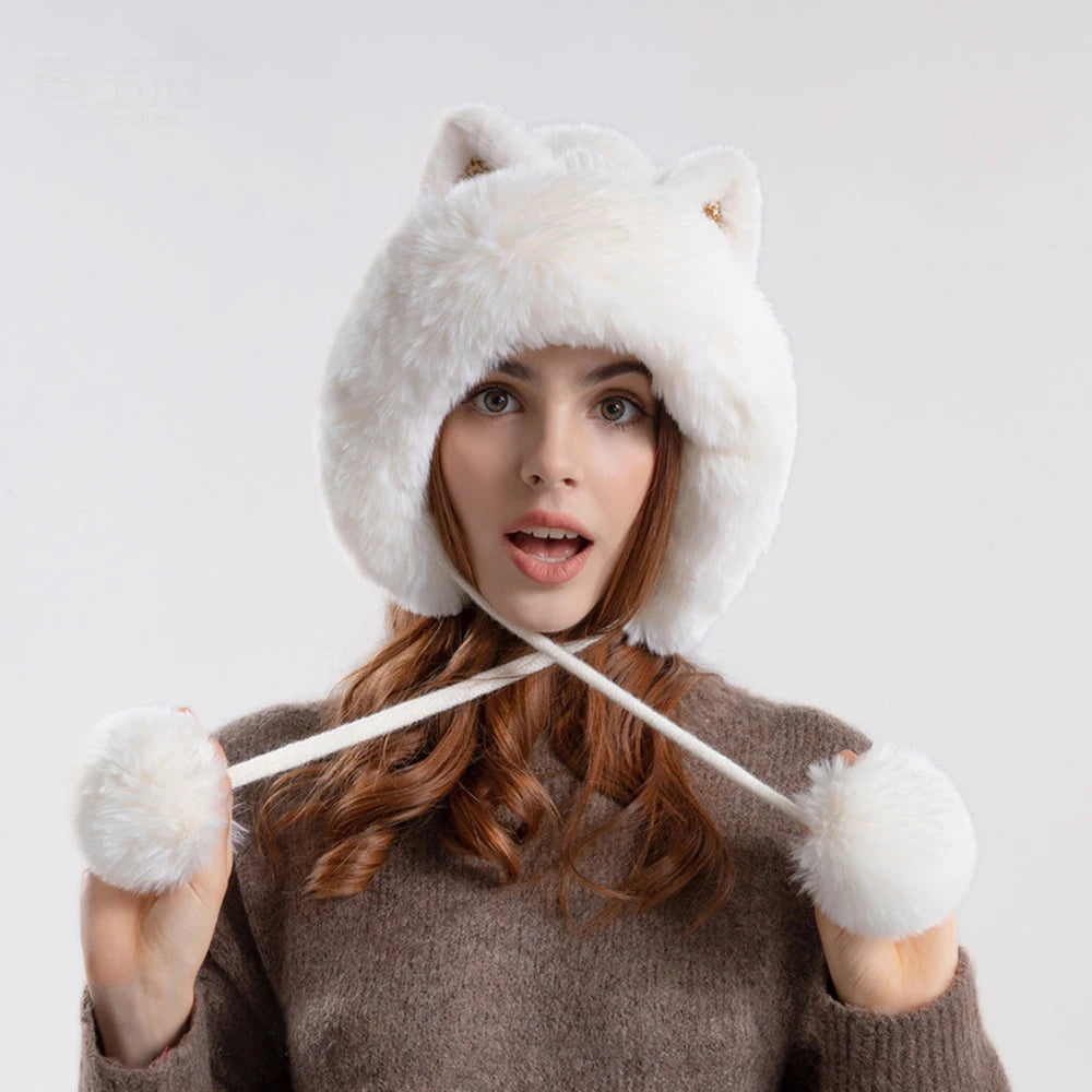 Cute Cat Ears Winter Hat with fluffy lining, designed for warmth and windproof protection, featuring playful cat ears.