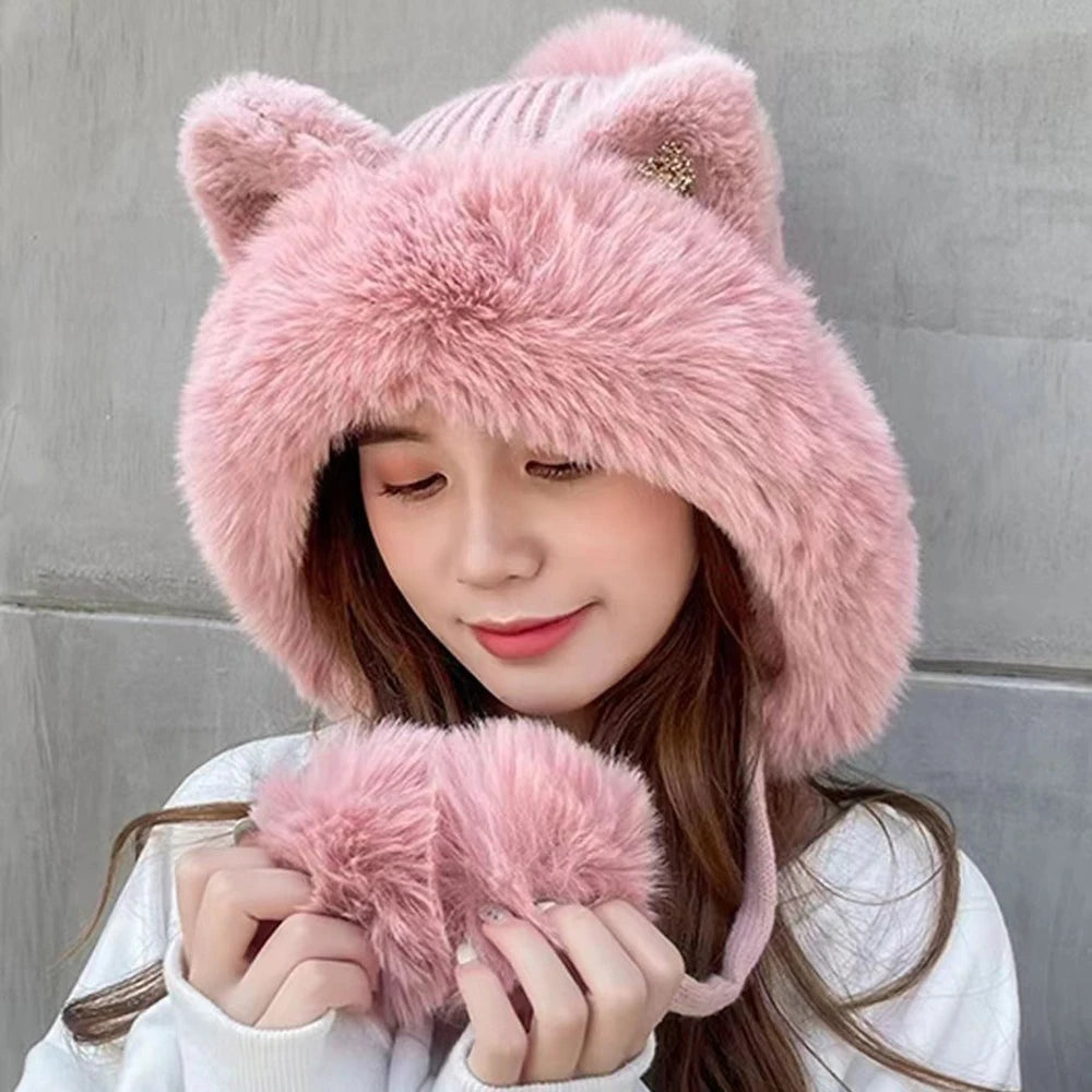 Cute Cat Ears Winter Hat with fluffy lining, designed for warmth and windproof protection, featuring playful cat ears.