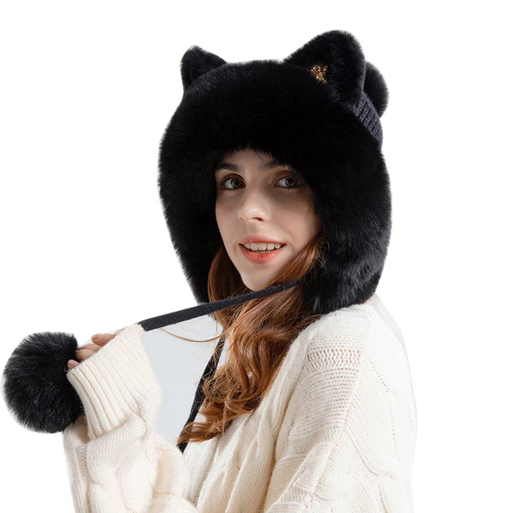 Cute Cat Ears Winter Hat with fluffy lining, designed for warmth and windproof protection, featuring playful cat ears.