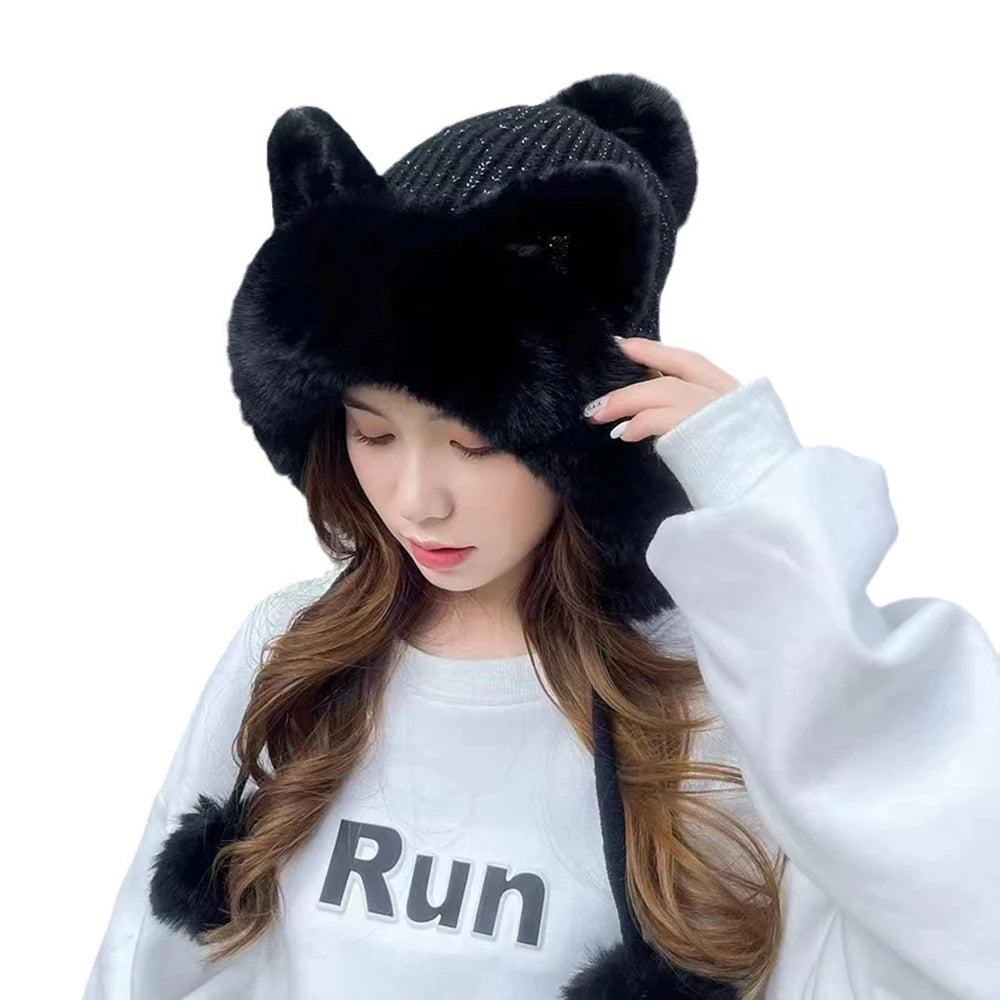 Cute Cat Ears Winter Hat with fluffy lining, designed for warmth and windproof protection, featuring playful cat ears.