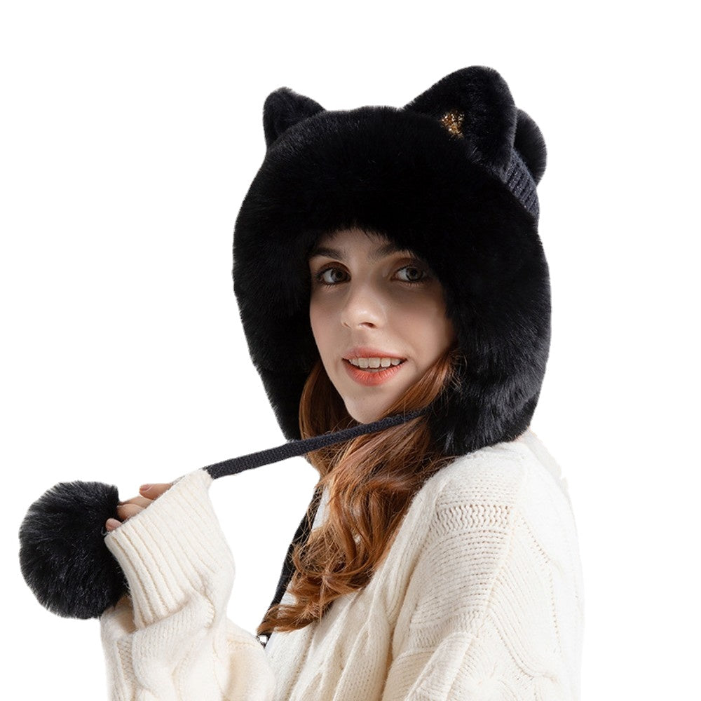 Cute knitted winter hat with cartoon cat ears, designed for women, made from warm and breathable polyester fabric.