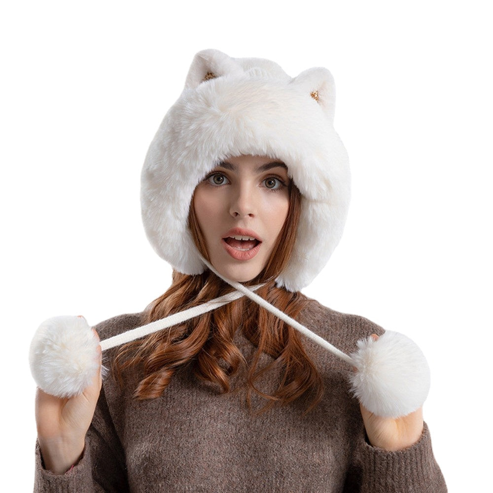 Cute knitted winter hat with cartoon cat ears, designed for women, made from warm and breathable polyester fabric.