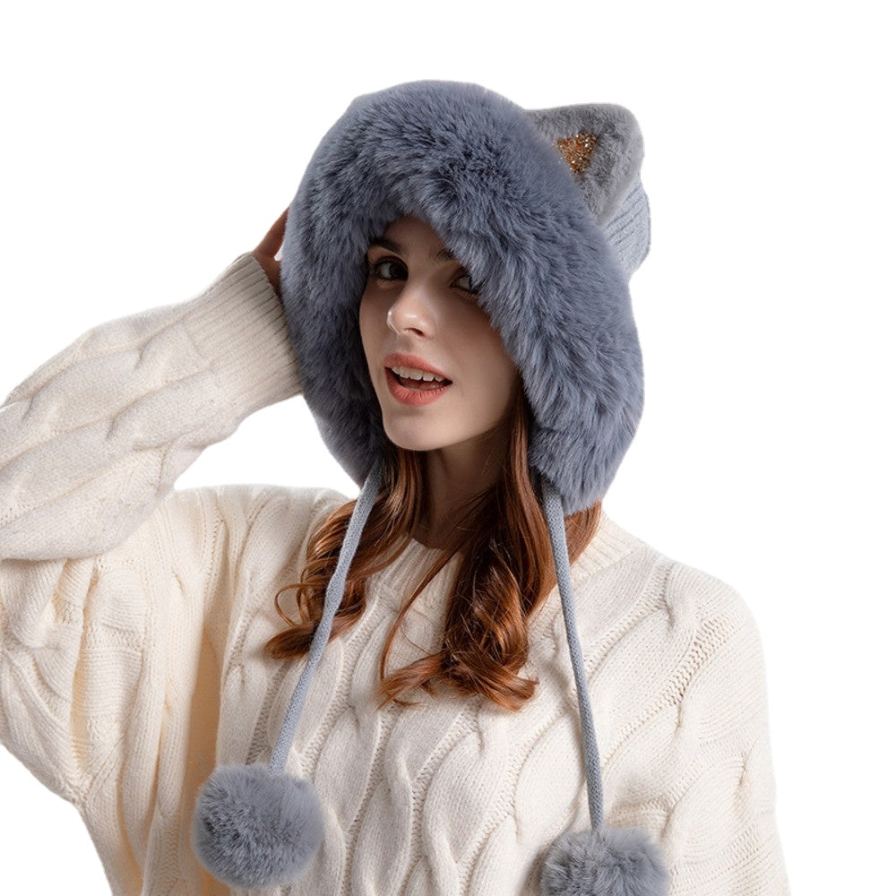 Cute knitted winter hat with cartoon cat ears, designed for women, made from warm and breathable polyester fabric.