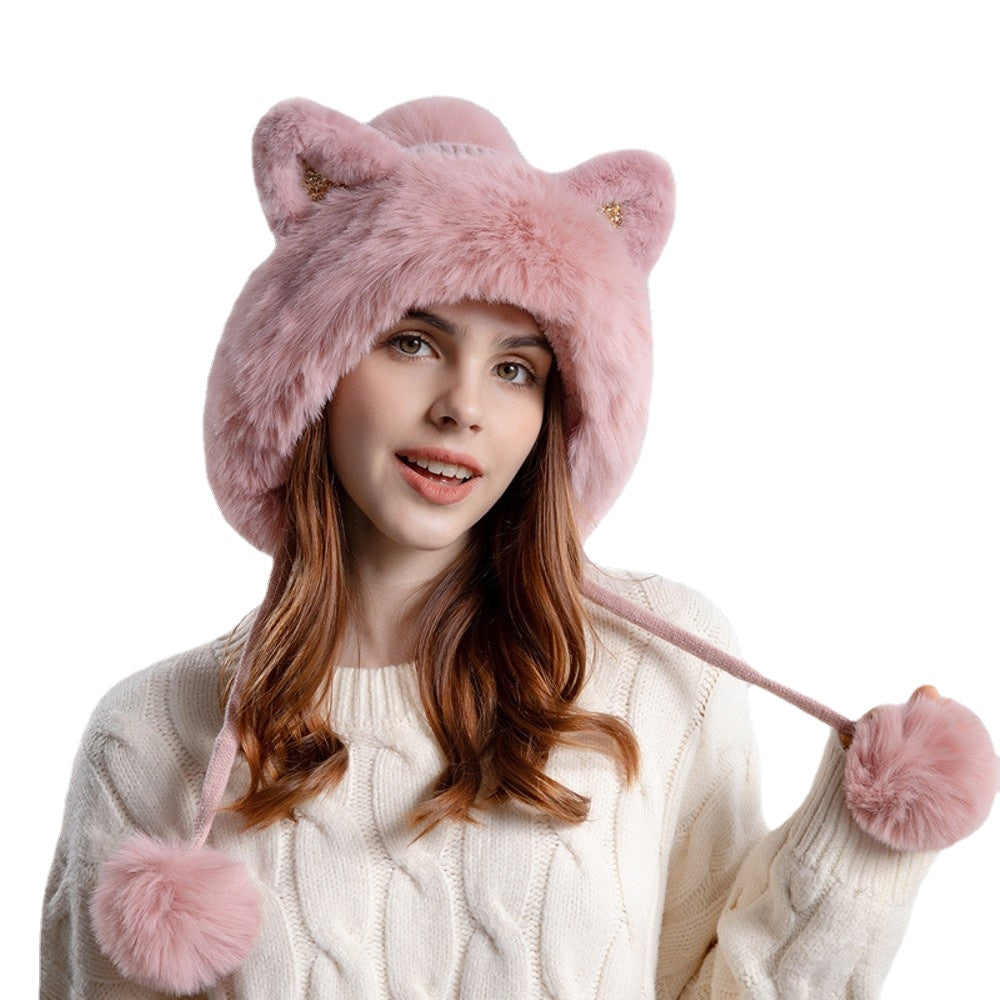 Cute knitted winter hat with cartoon cat ears, designed for women, made from warm and breathable polyester fabric.