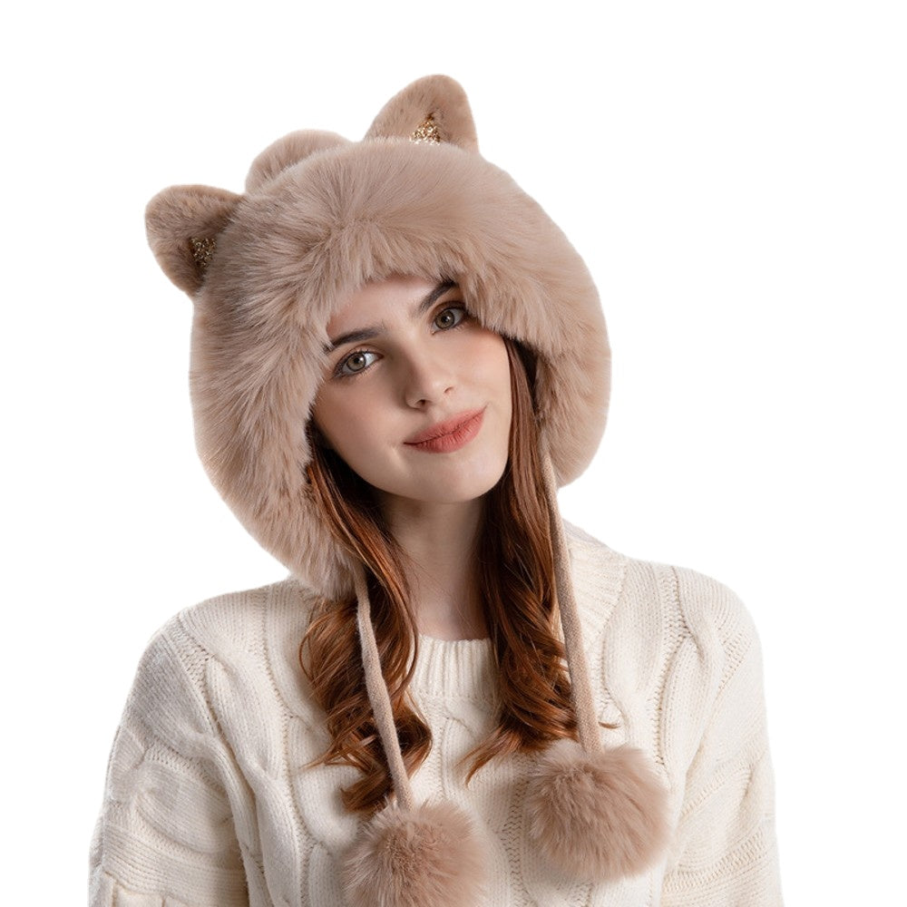 Cute knitted winter hat with cartoon cat ears, designed for women, made from warm and breathable polyester fabric.