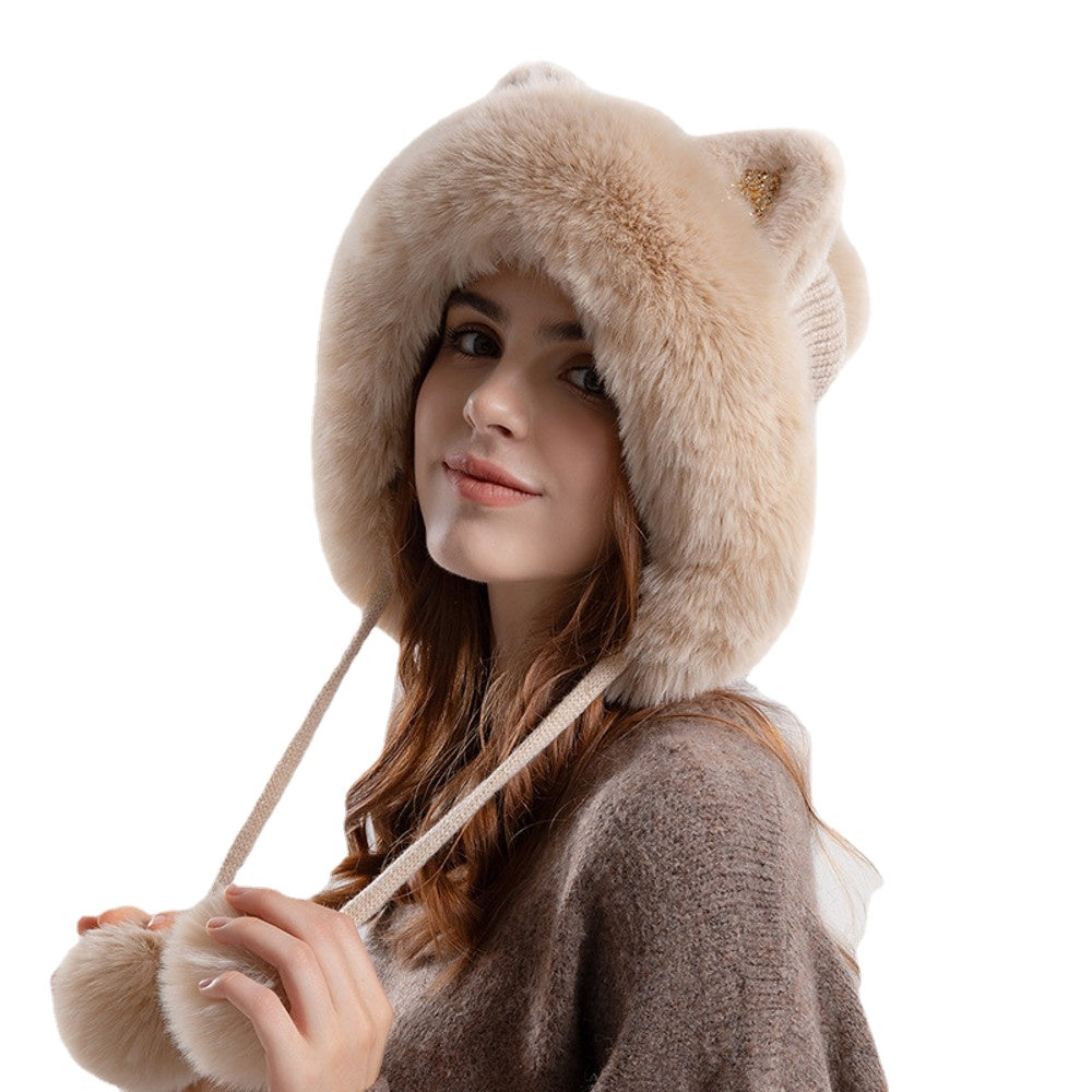 Cute knitted winter hat with cartoon cat ears, designed for women, made from warm and breathable polyester fabric.