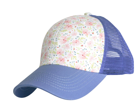 Daisy Jean Trucker Hat featuring a hand-drawn watercolor floral print and cobalt blue curved bill.